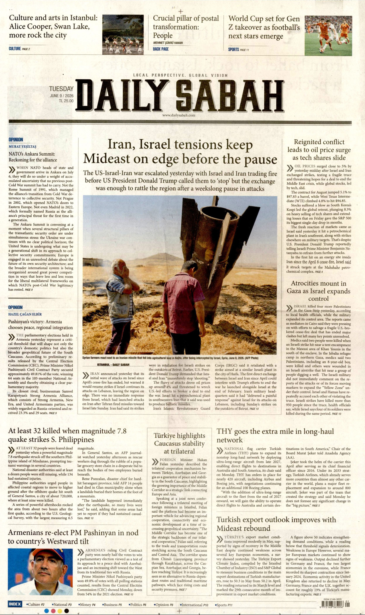 DAİLY SABAH gazetesinin 9 Haziran 2026 tarihli birinci sayfası