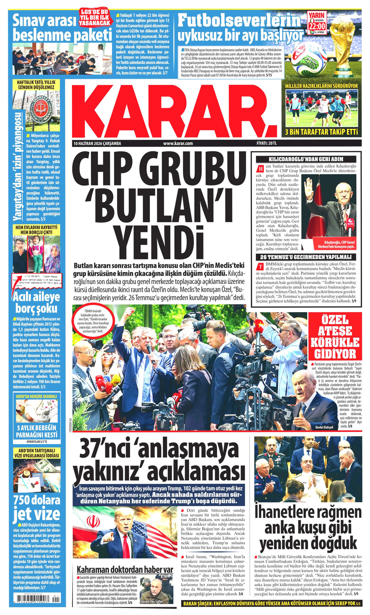 KARAR gazetesinin 10 Haziran 2026 tarihli birinci sayfası