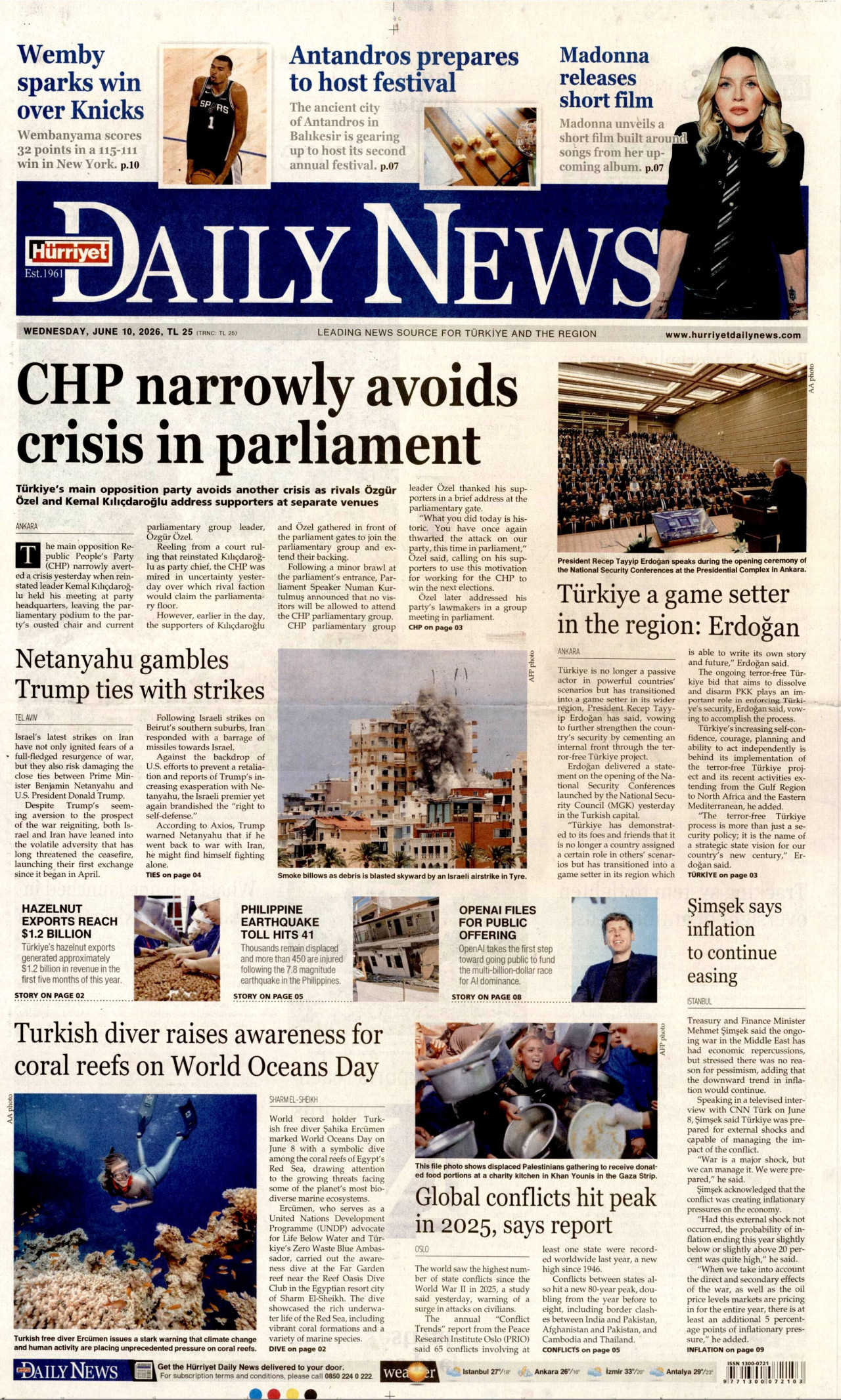 HÜRRİYET DAİLY NEWS gazetesinin 10 Haziran 2026 tarihli birinci sayfası
