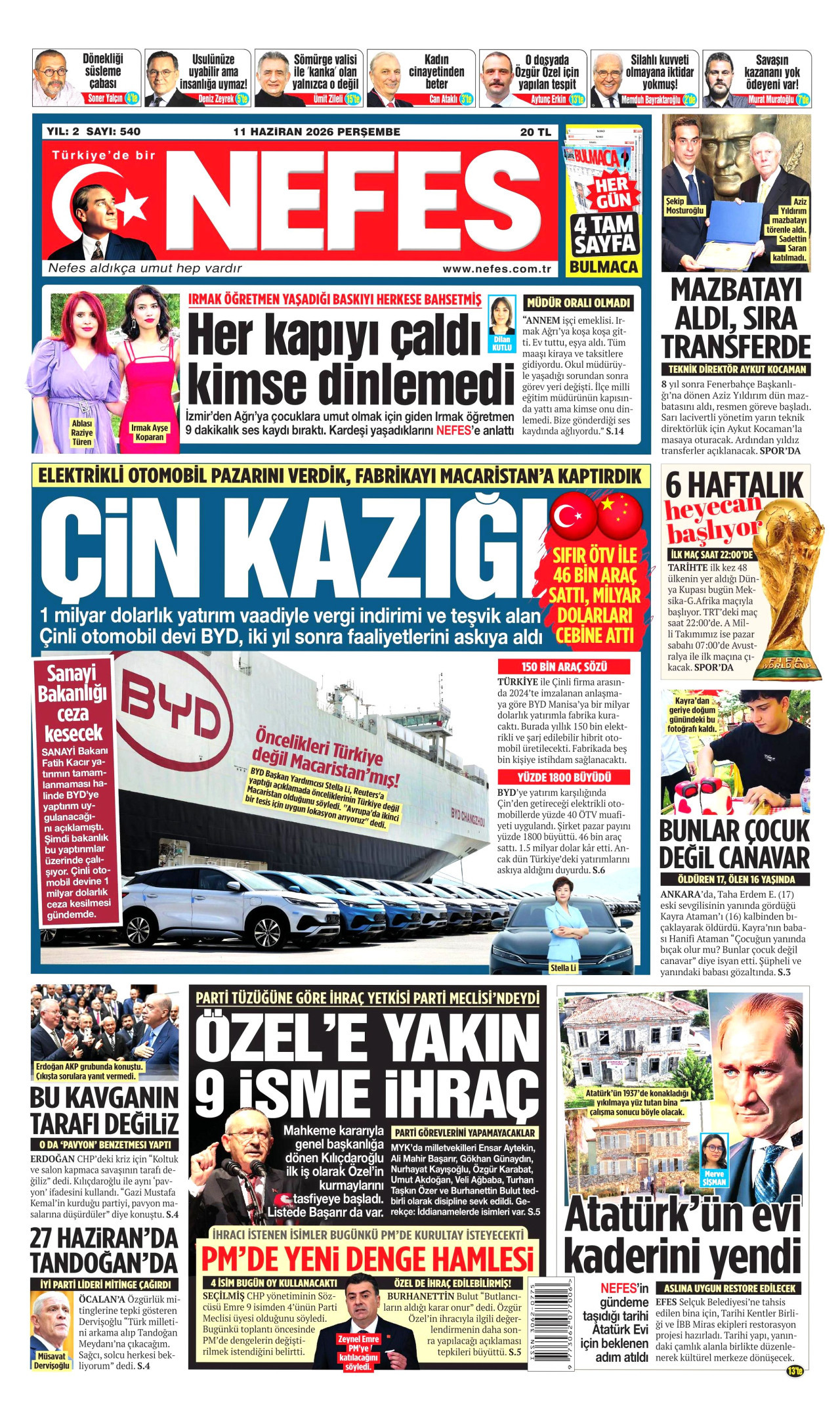 NEFES gazetesinin 11 Haziran 2026 tarihli birinci sayfası