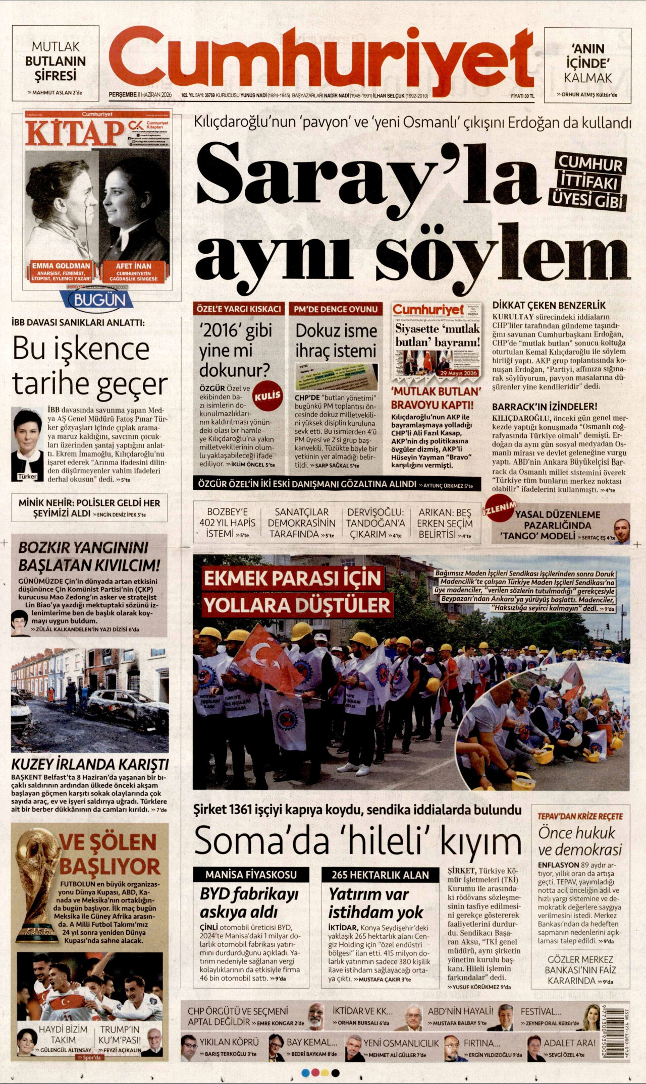 CUMHURİYET gazetesinin 11 Haziran 2026 tarihli birinci sayfası