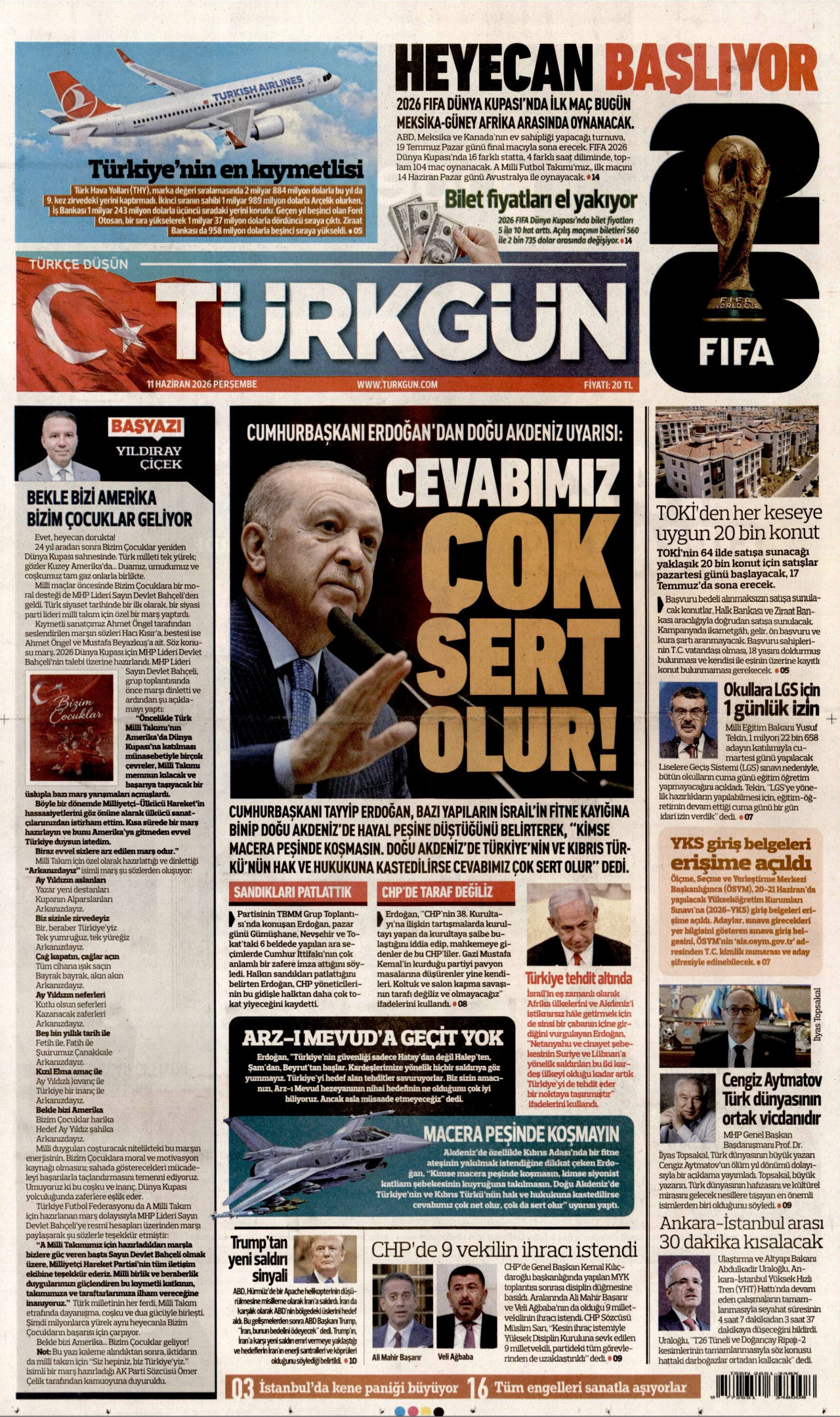 TÜRKGÜN gazetesinin 11 Haziran 2026 tarihli birinci sayfası