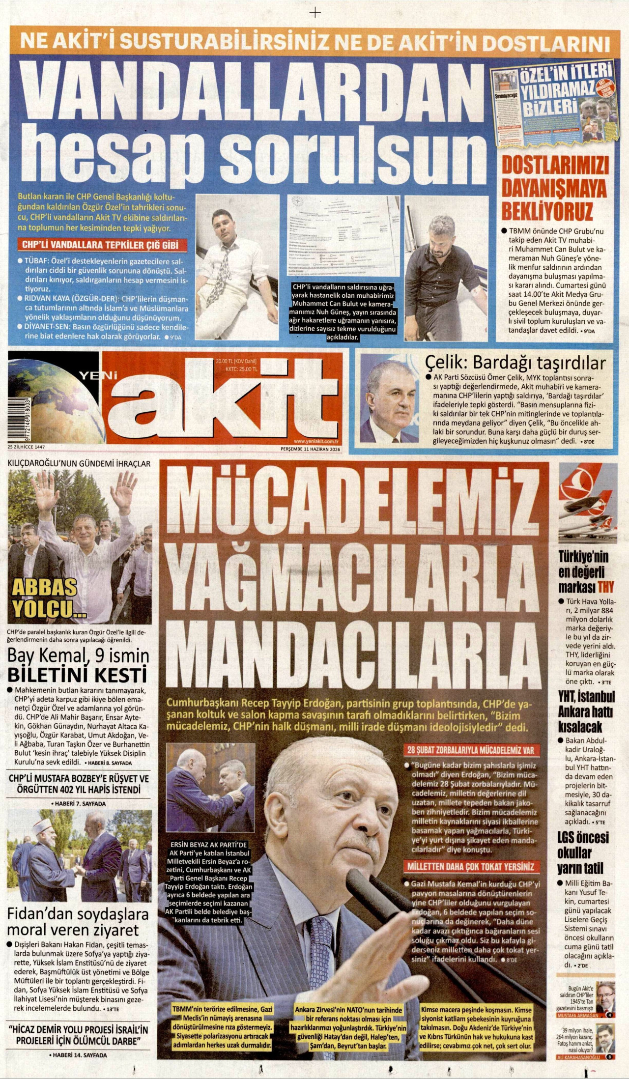 YENİ AKİT gazetesinin 11 Haziran 2026 tarihli birinci sayfası