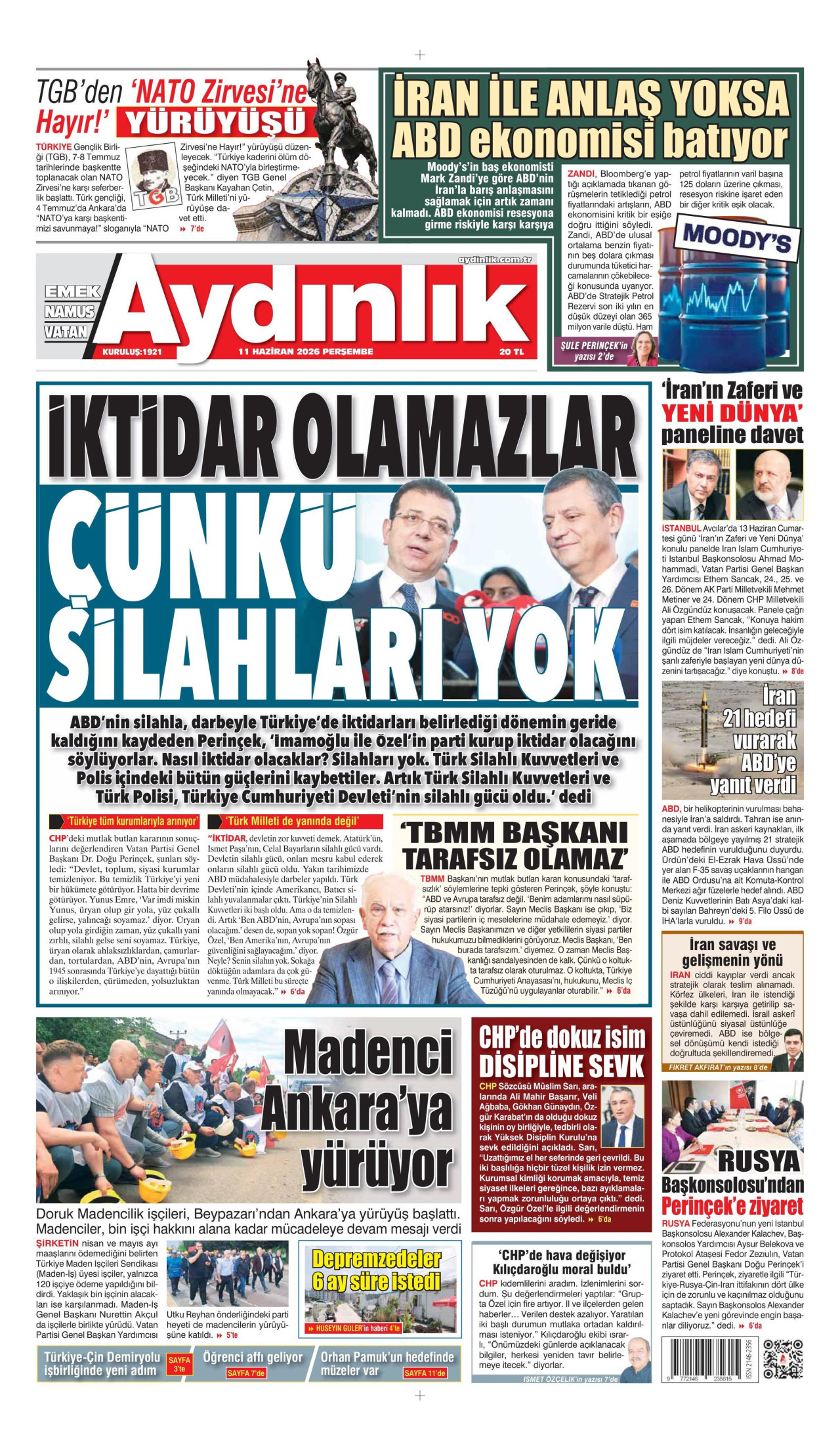 AYDINLIK GAZETESİ gazetesinin 11 Haziran 2026 tarihli birinci sayfası