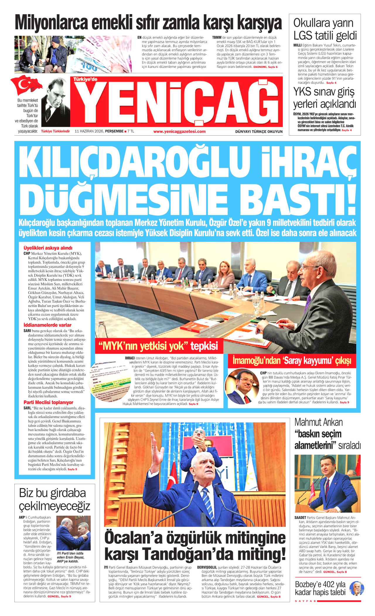 YENİÇAĞ gazetesinin 11 Haziran 2026 tarihli birinci sayfası
