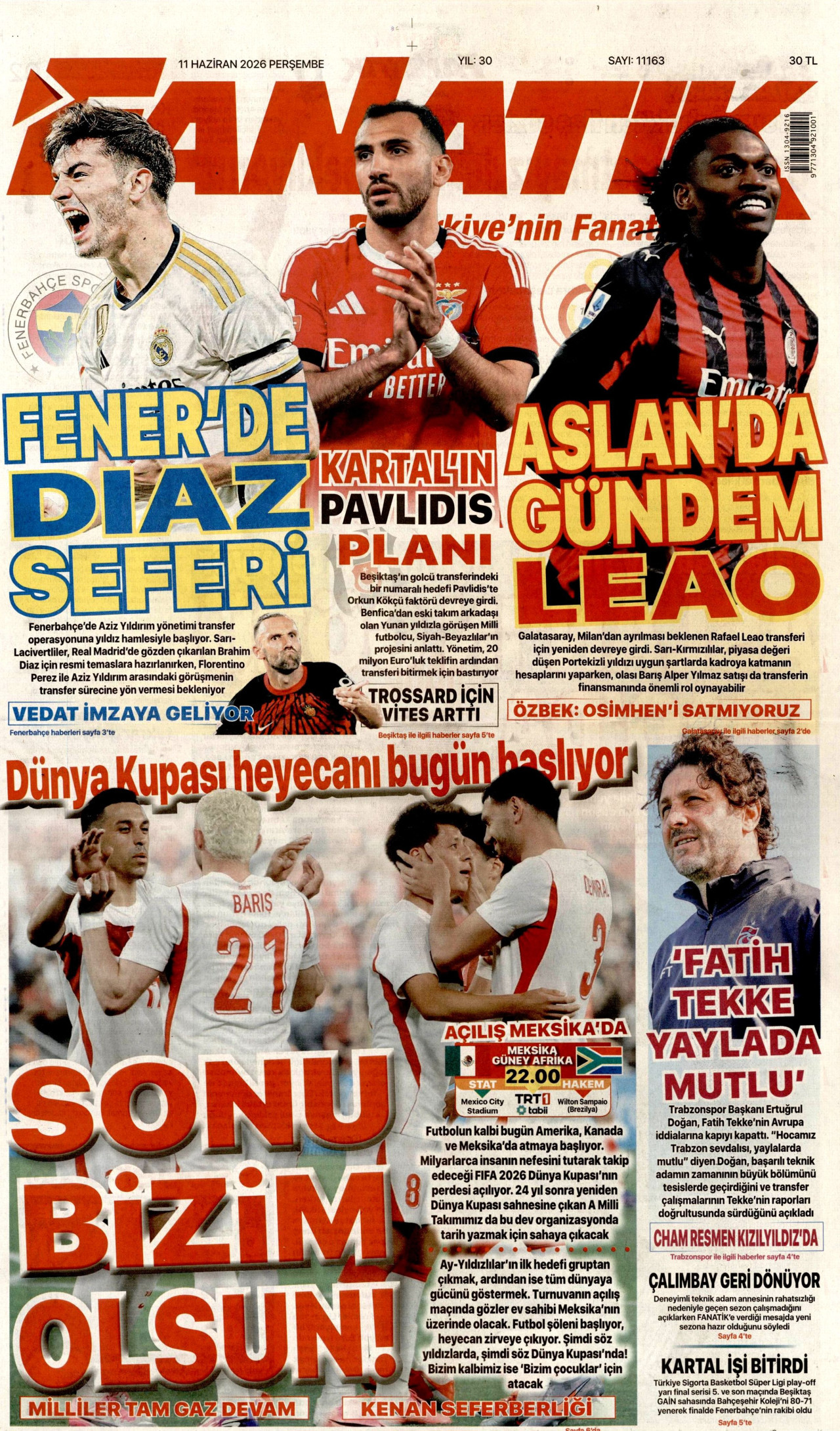 FANATİK gazetesinin 11 Haziran 2026 tarihli birinci sayfası