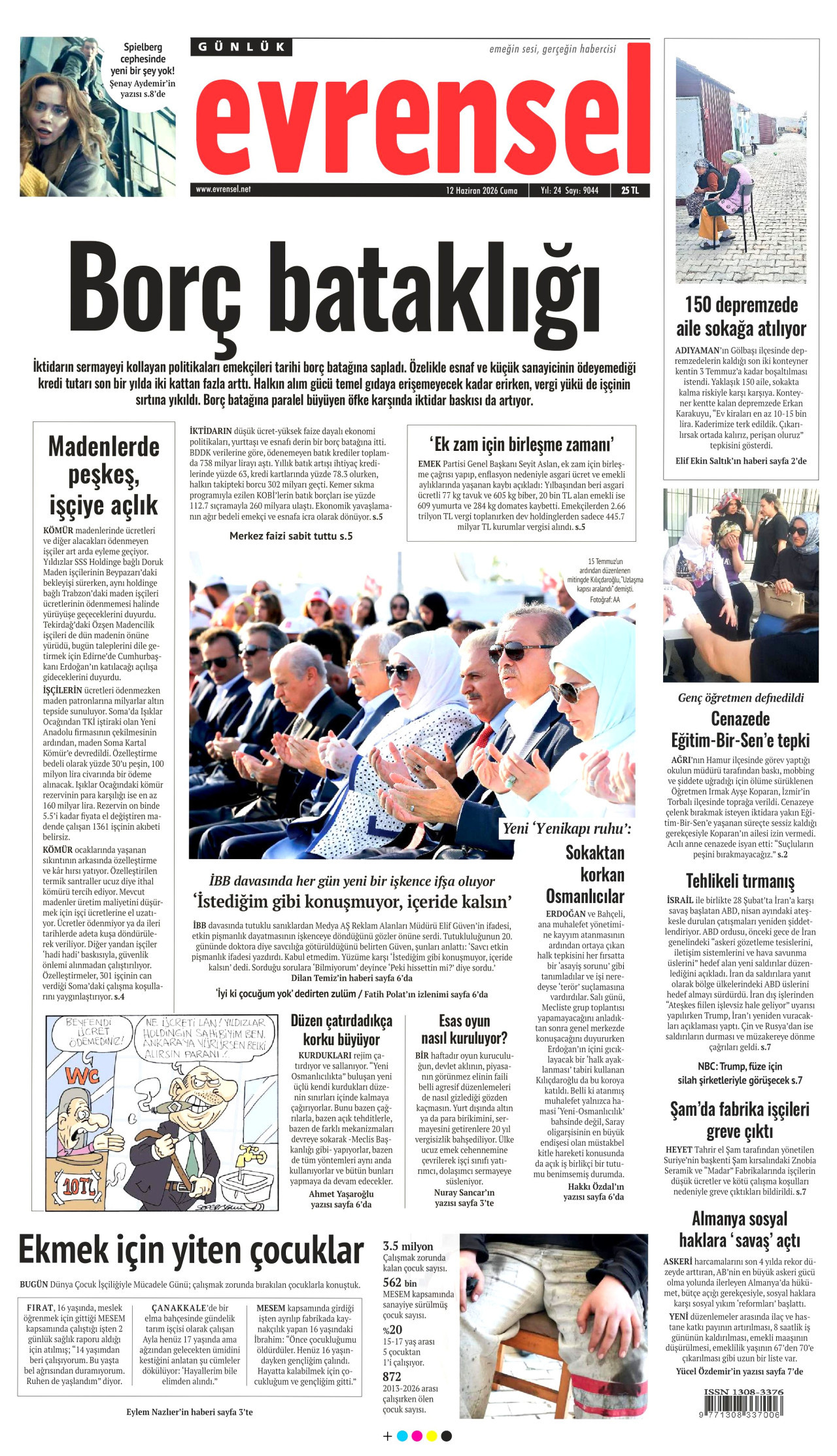 EVRENSEL gazetesinin 12 Haziran 2026 tarihli birinci sayfası