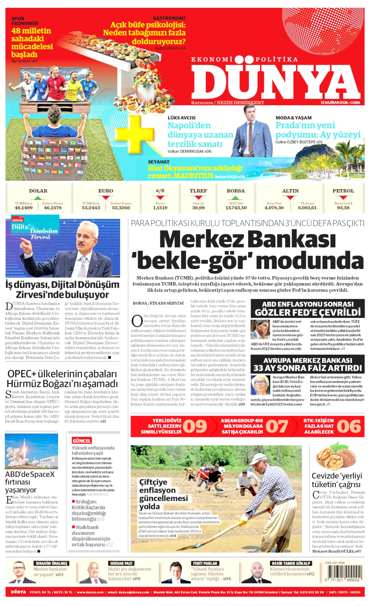 DÜNYA gazetesinin 12 Haziran 2026 tarihli birinci sayfası