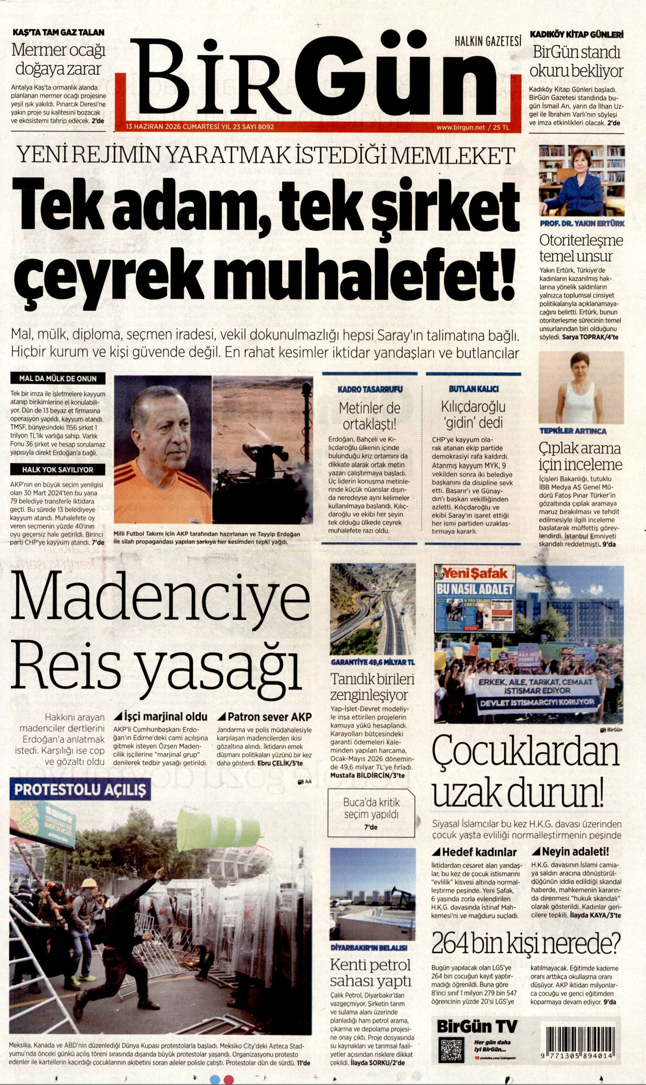 BİRGÜN gazetesinin 13 Haziran 2026 tarihli birinci sayfası