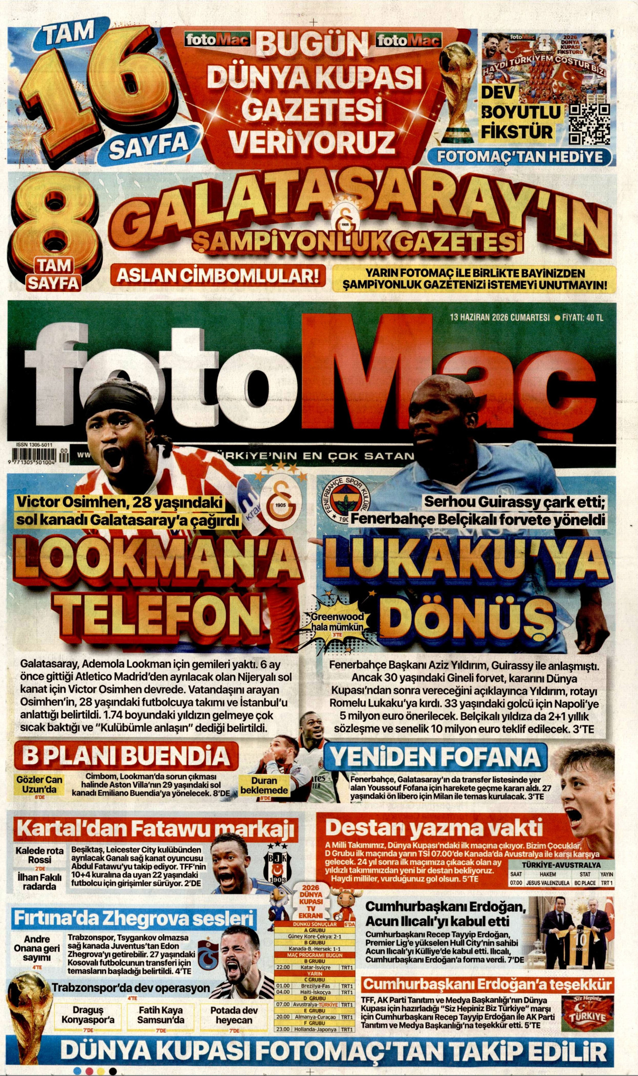 FOTOMAÇ gazetesinin 13 Haziran 2026 tarihli birinci sayfası