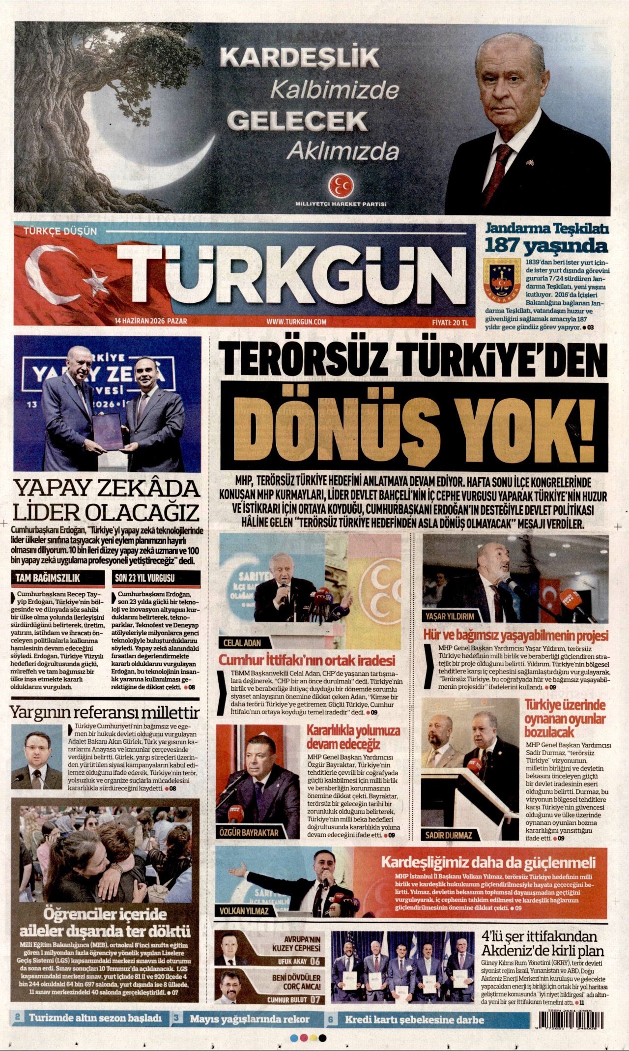 TÜRKGÜN gazetesinin 14 Haziran 2026 tarihli birinci sayfası