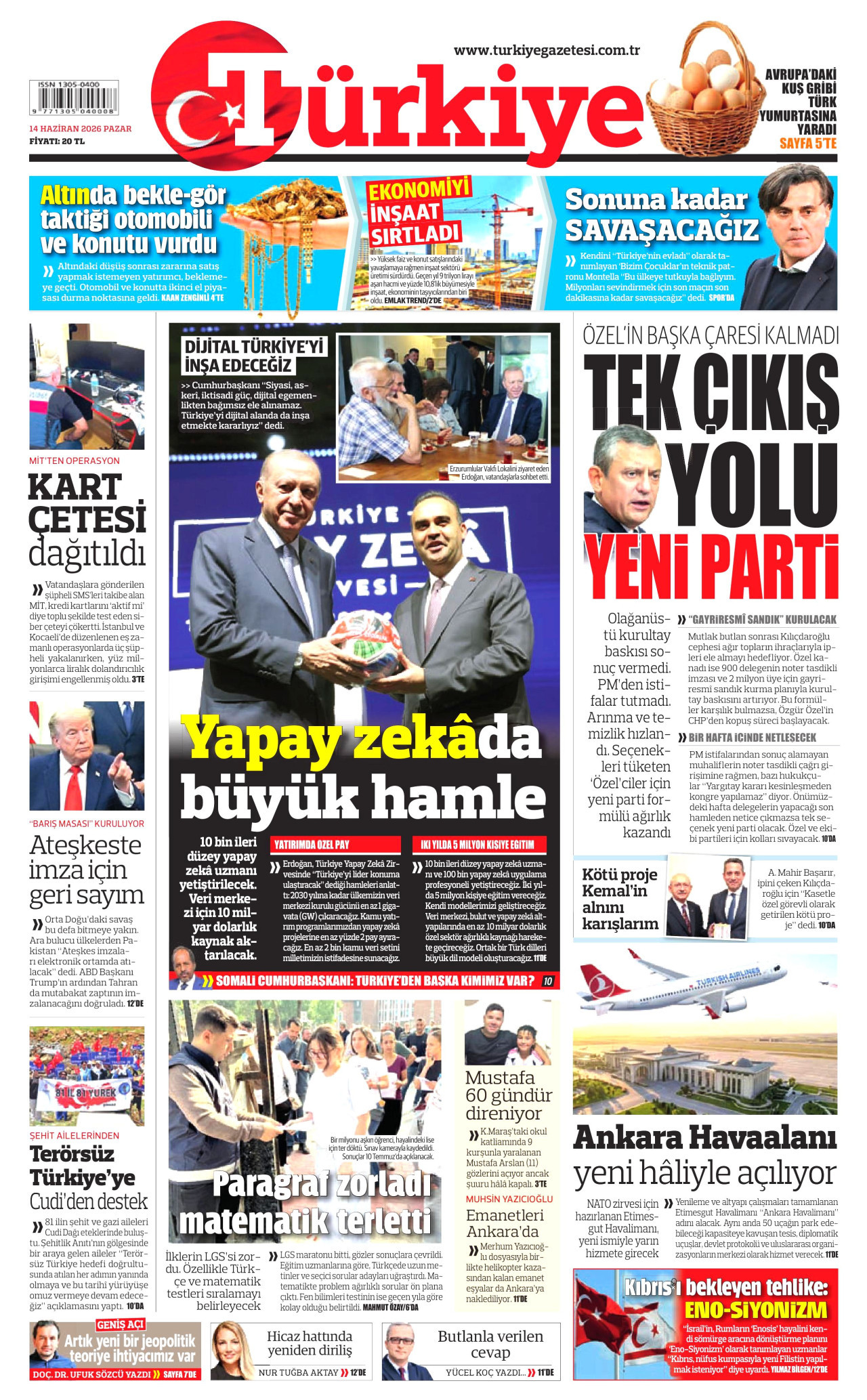 TÜRKİYE GAZETESİ gazetesinin 14 Haziran 2026 tarihli birinci sayfası