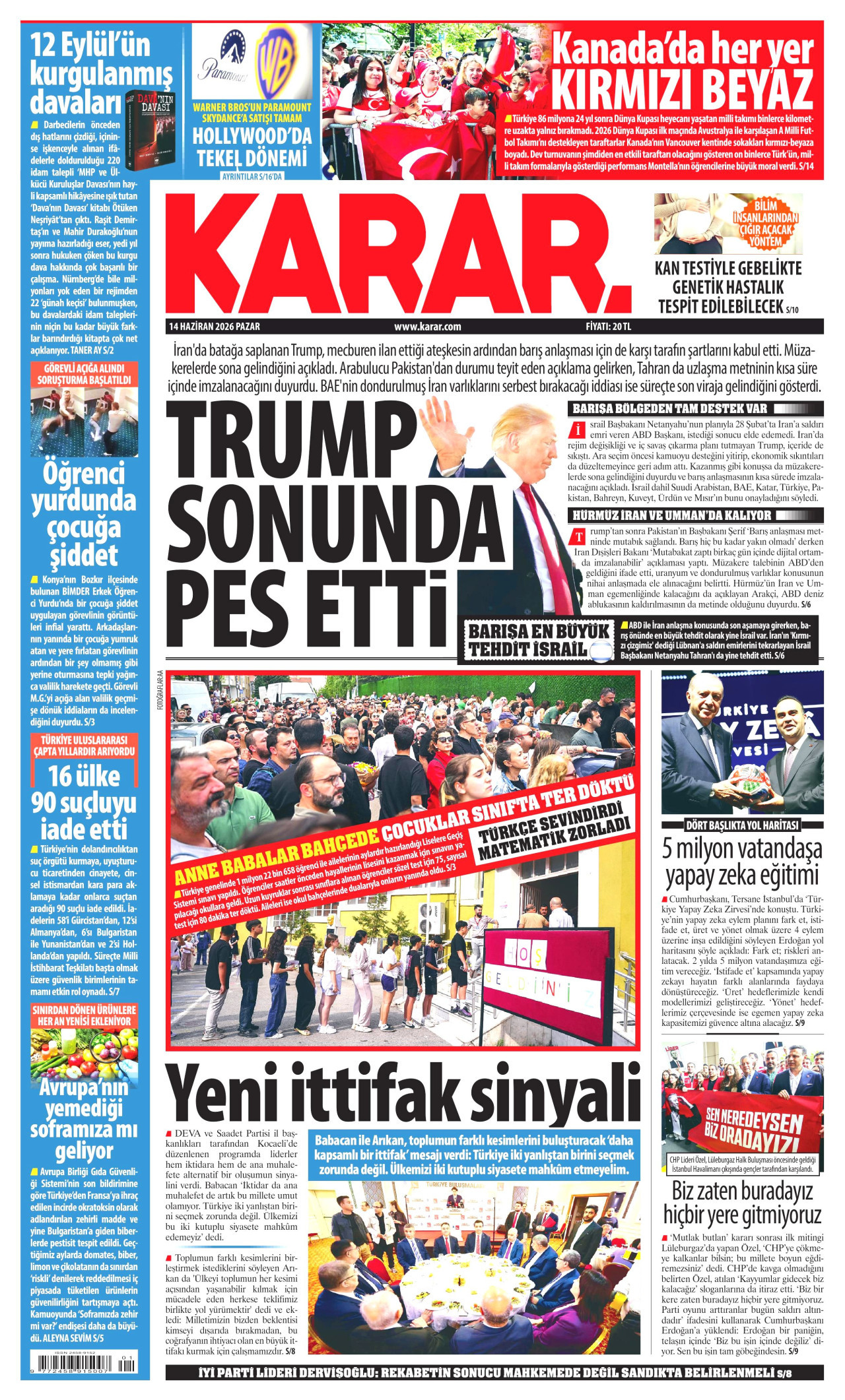 KARAR gazetesinin 14 Haziran 2026 tarihli birinci sayfası