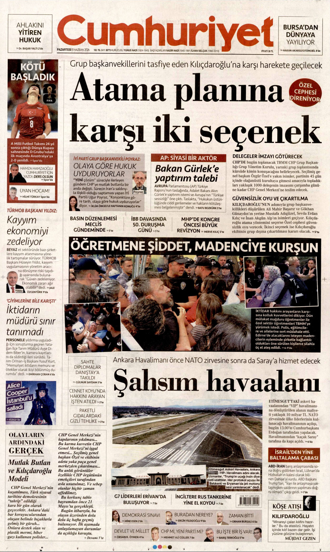 CUMHURİYET gazetesinin 15 Haziran 2026 tarihli birinci sayfası