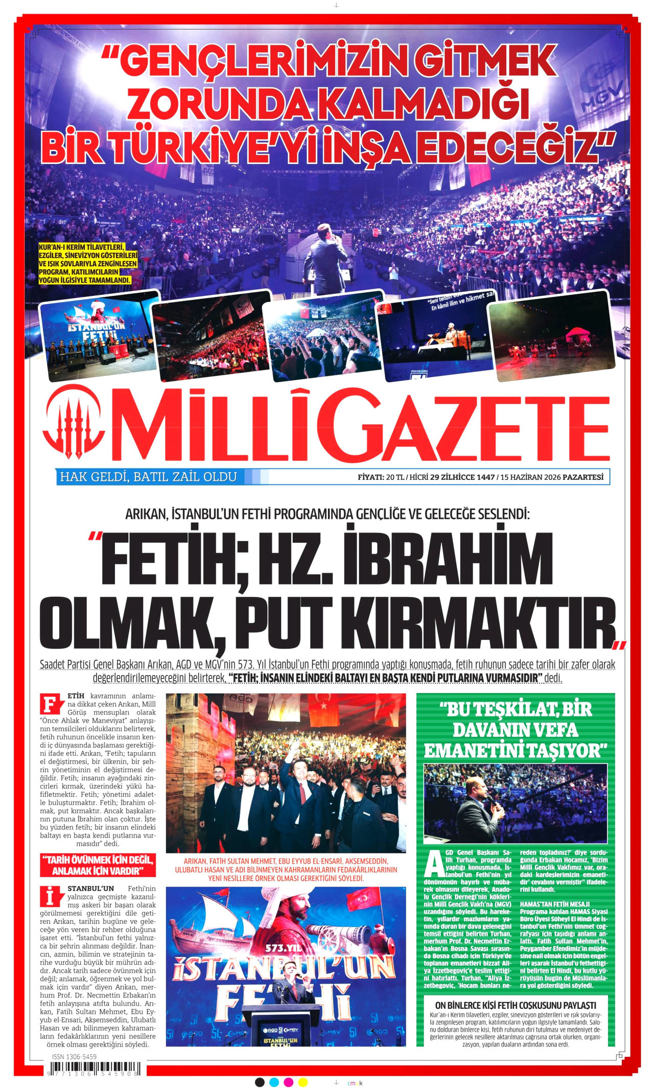 MİLLİ GAZETE gazetesinin 15 Haziran 2026 tarihli birinci sayfası