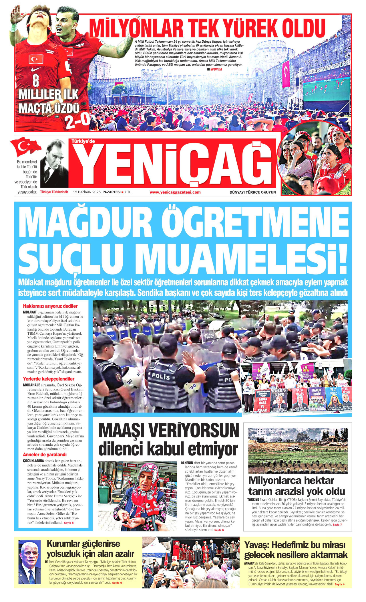 YENİÇAĞ gazetesinin 15 Haziran 2026 tarihli birinci sayfası