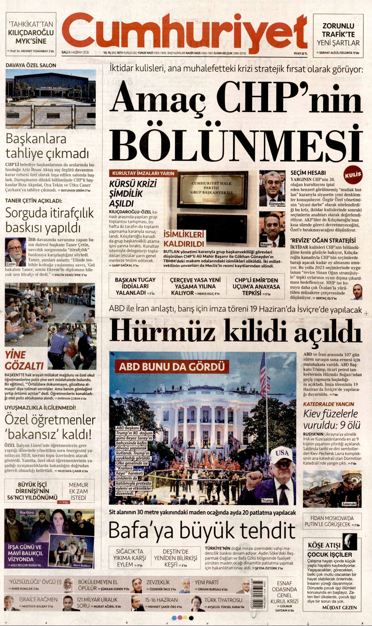 CUMHURİYET gazetesinin 16 Haziran 2026 tarihli birinci sayfası