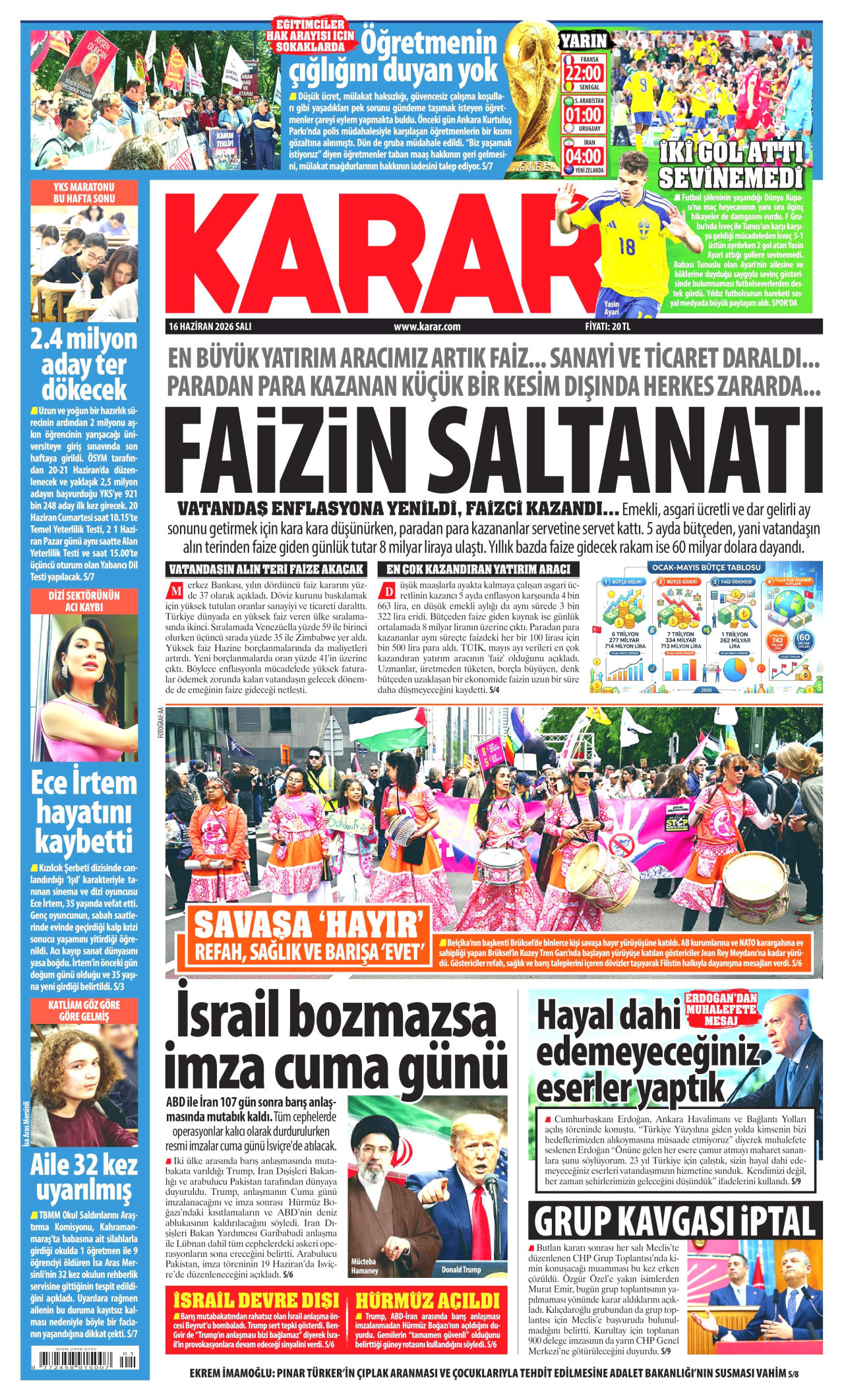 KARAR gazetesinin 16 Haziran 2026 tarihli birinci sayfası