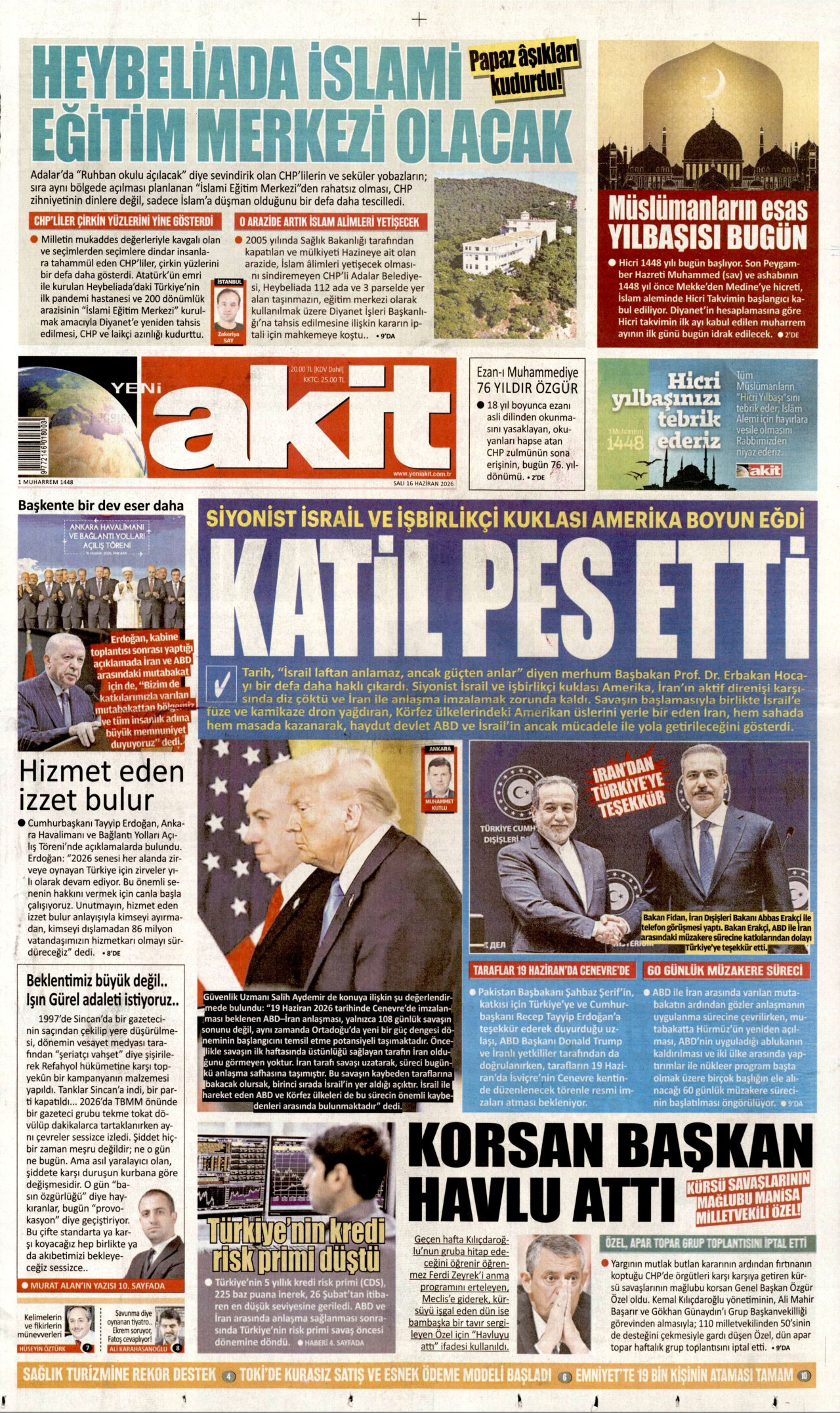 YENİ AKİT gazetesinin 16 Haziran 2026 tarihli birinci sayfası