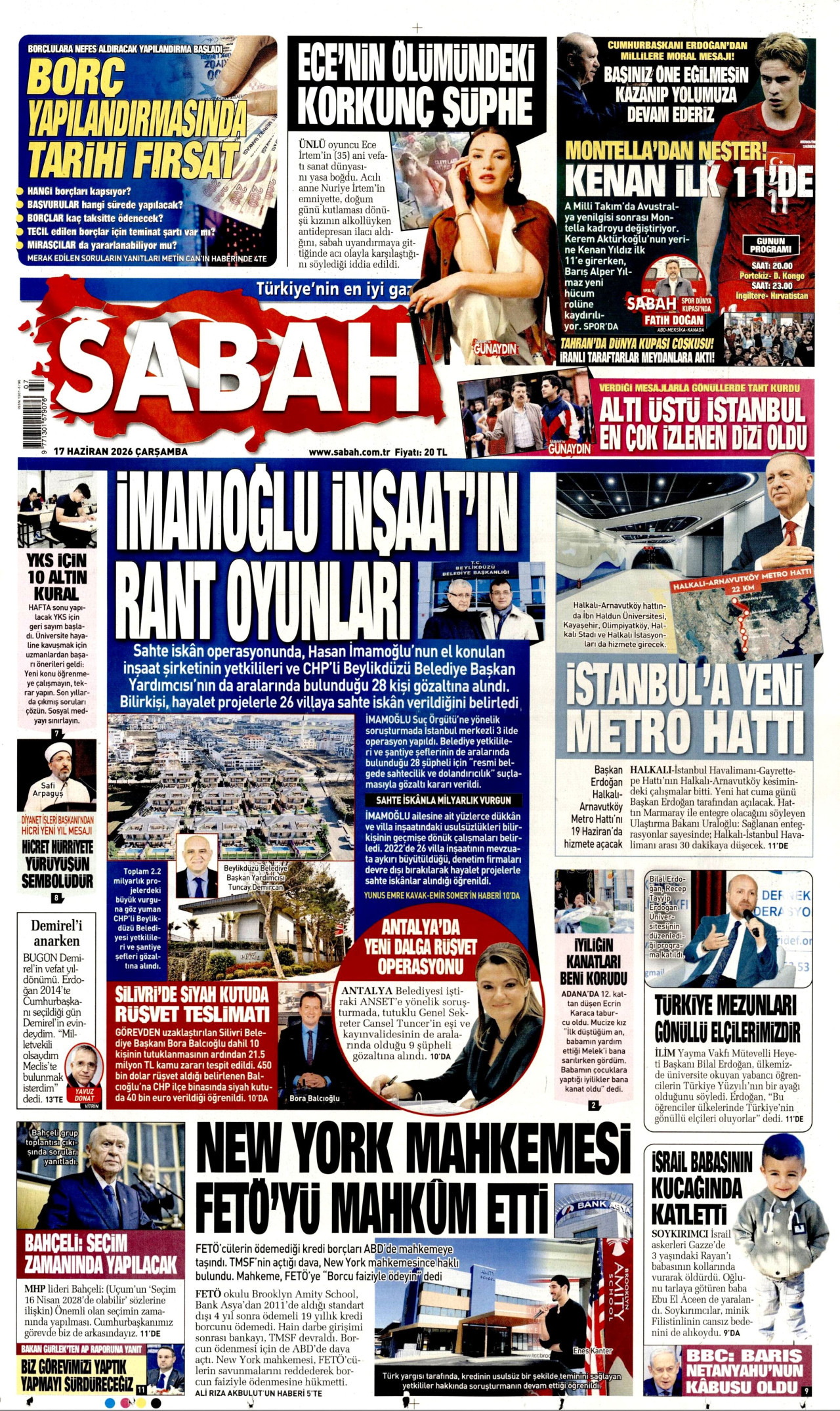 SABAH gazetesinin 17 Haziran 2026 tarihli birinci sayfası