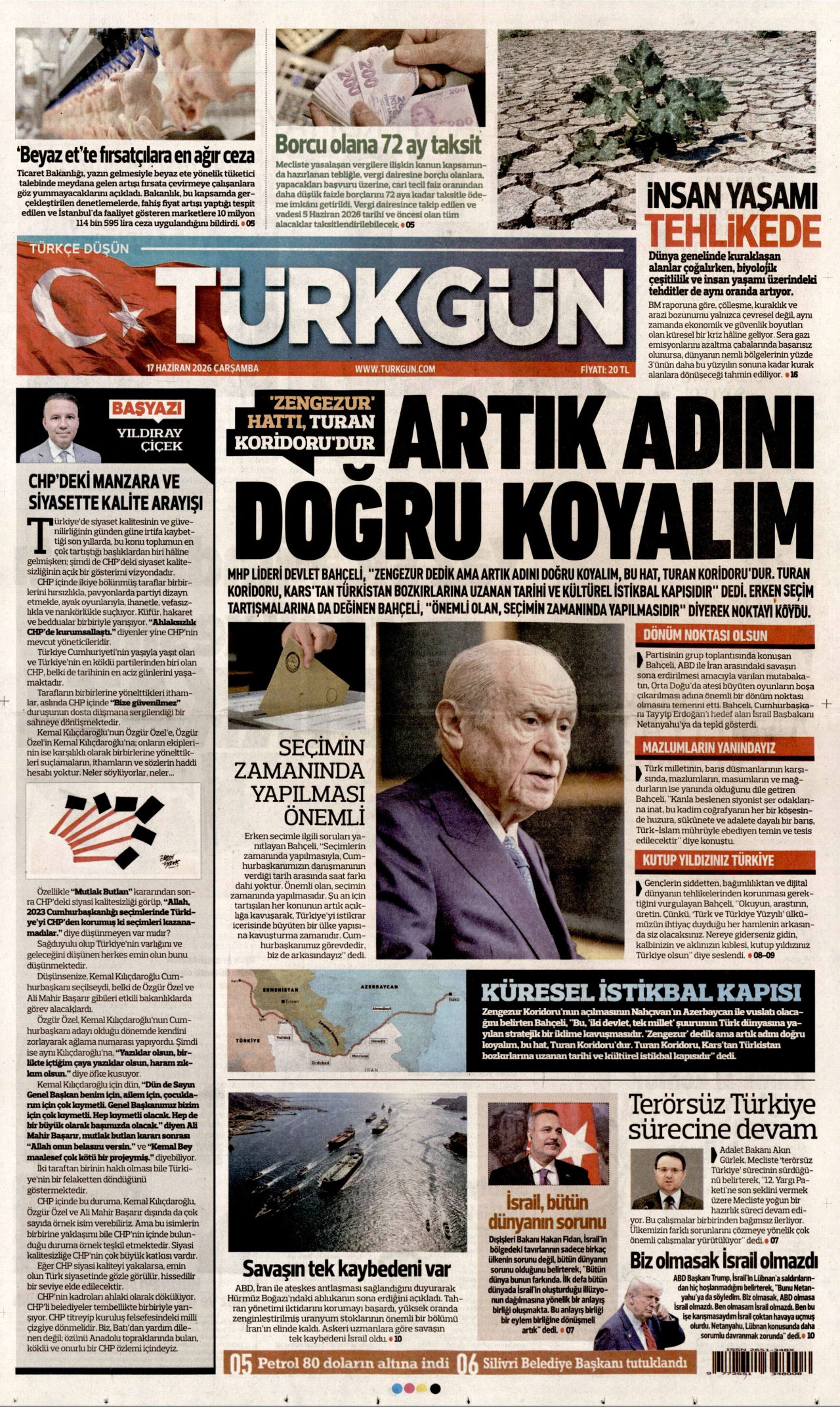 TÜRKGÜN gazetesinin 17 Haziran 2026 tarihli birinci sayfası