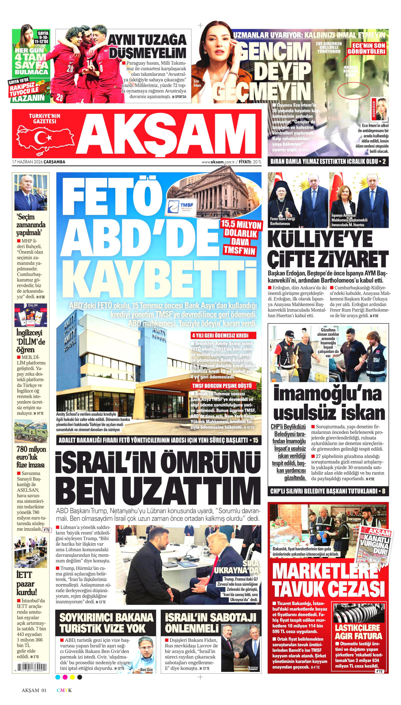 AKŞAM gazetesinin 17 Haziran 2026 tarihli birinci sayfası