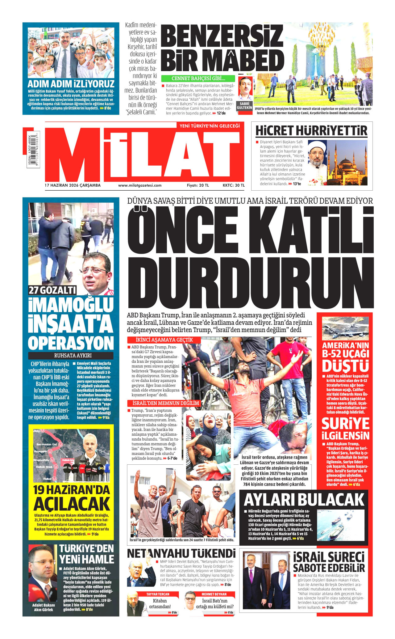 MİLAT gazetesinin 17 Haziran 2026 tarihli birinci sayfası