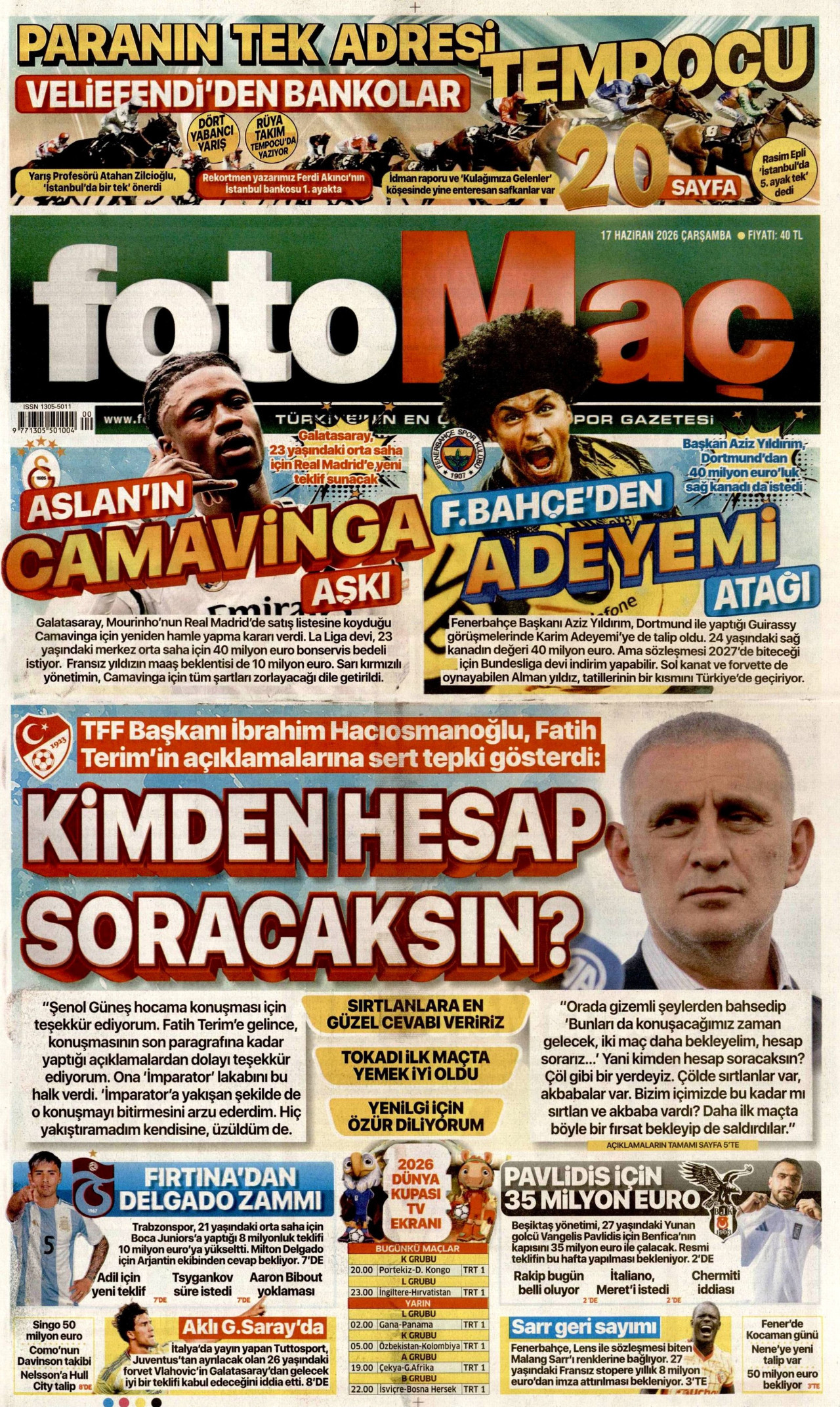 FOTOMAÇ gazetesinin 17 Haziran 2026 tarihli birinci sayfası
