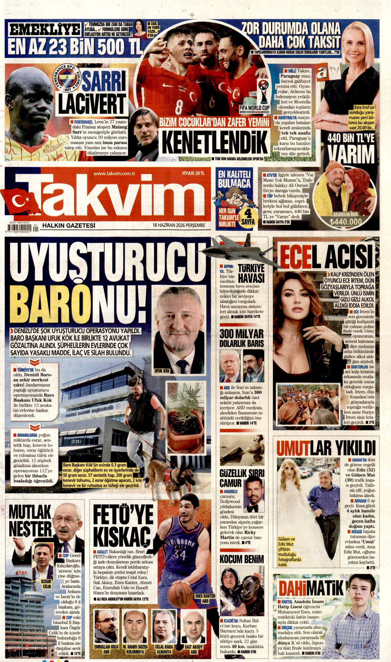TAKVİM gazetesinin 18 Haziran 2026 tarihli birinci sayfası