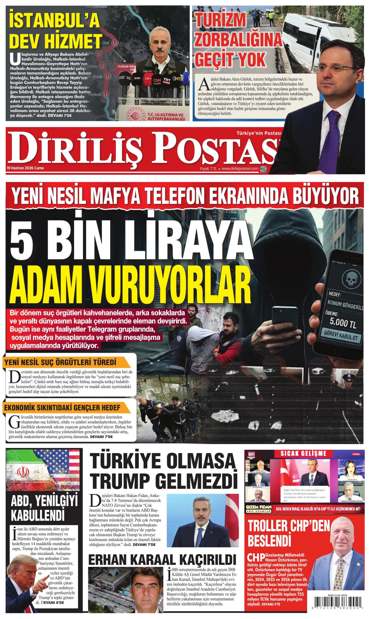 DİRİLİŞ POSTASI gazetesinin 19 Haziran 2026 tarihli birinci sayfası