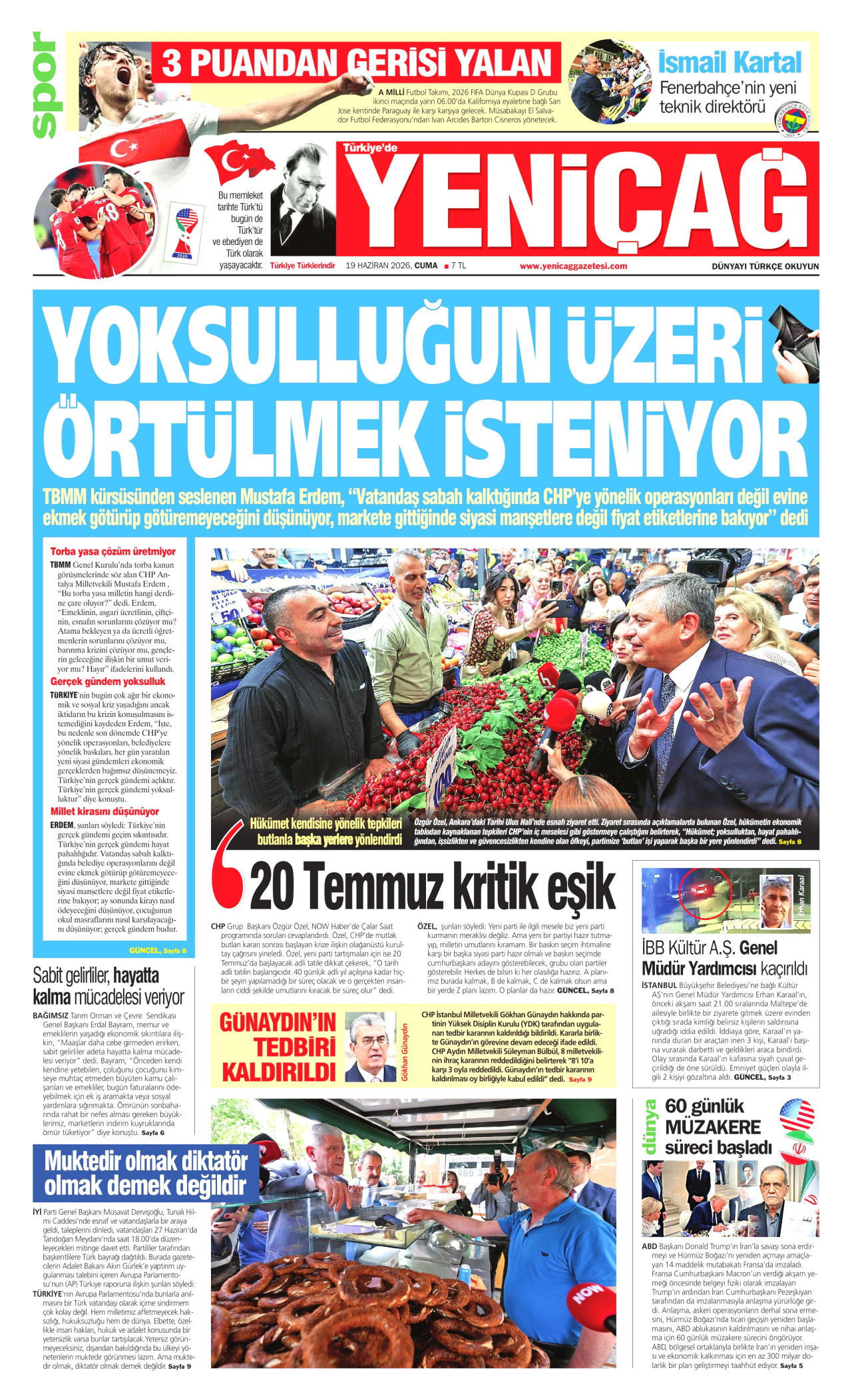 YENİÇAĞ gazetesinin 19 Haziran 2026 tarihli birinci sayfası