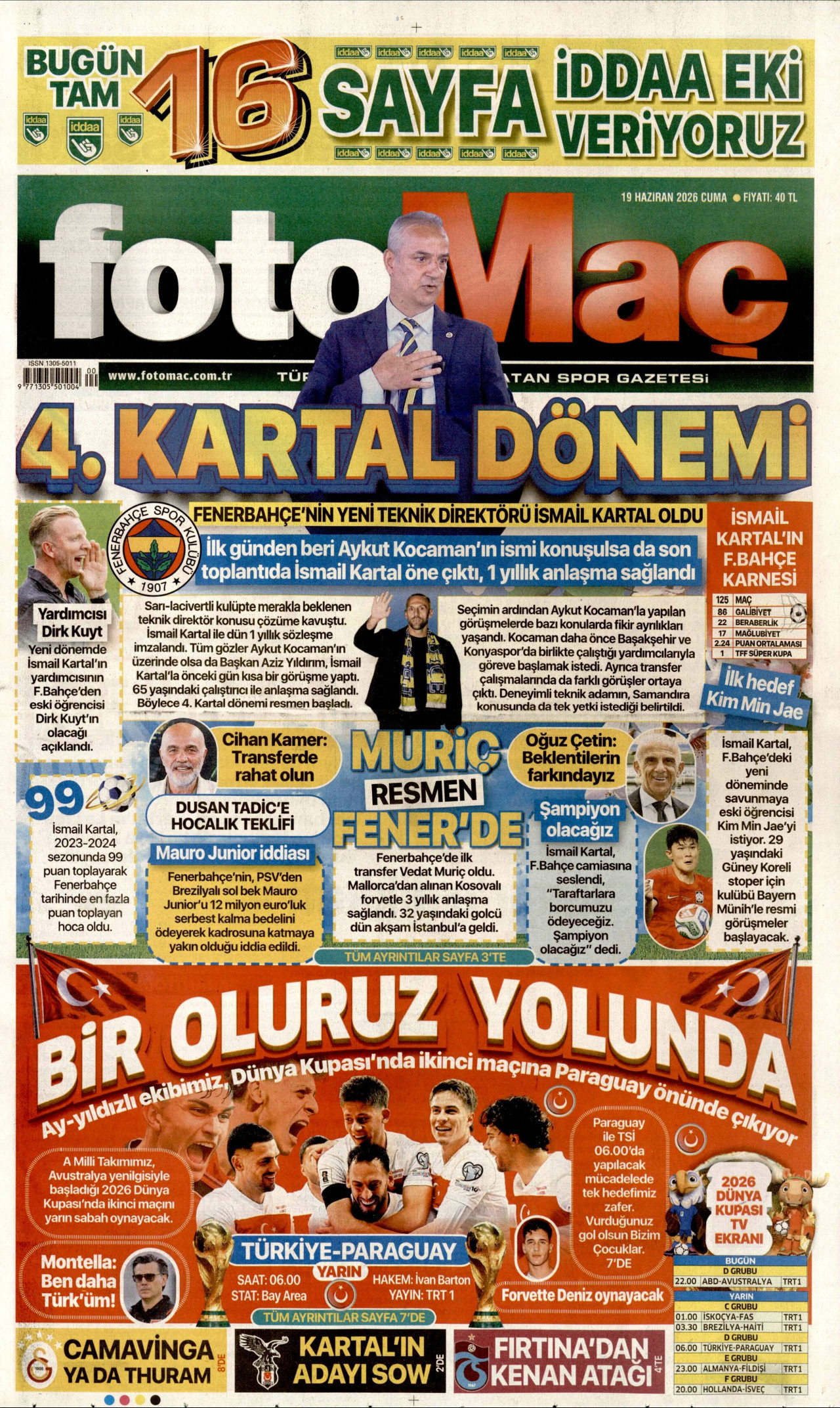 FOTOMAÇ gazetesinin 19 Haziran 2026 tarihli birinci sayfası