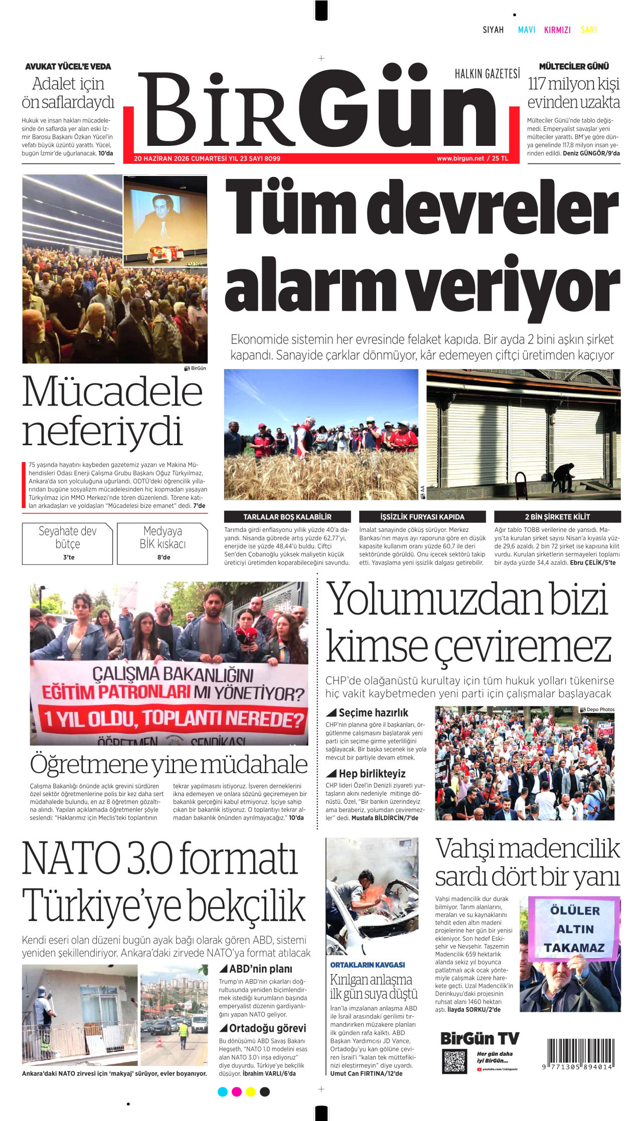 BİRGÜN gazetesinin 20 Haziran 2026 tarihli birinci sayfası