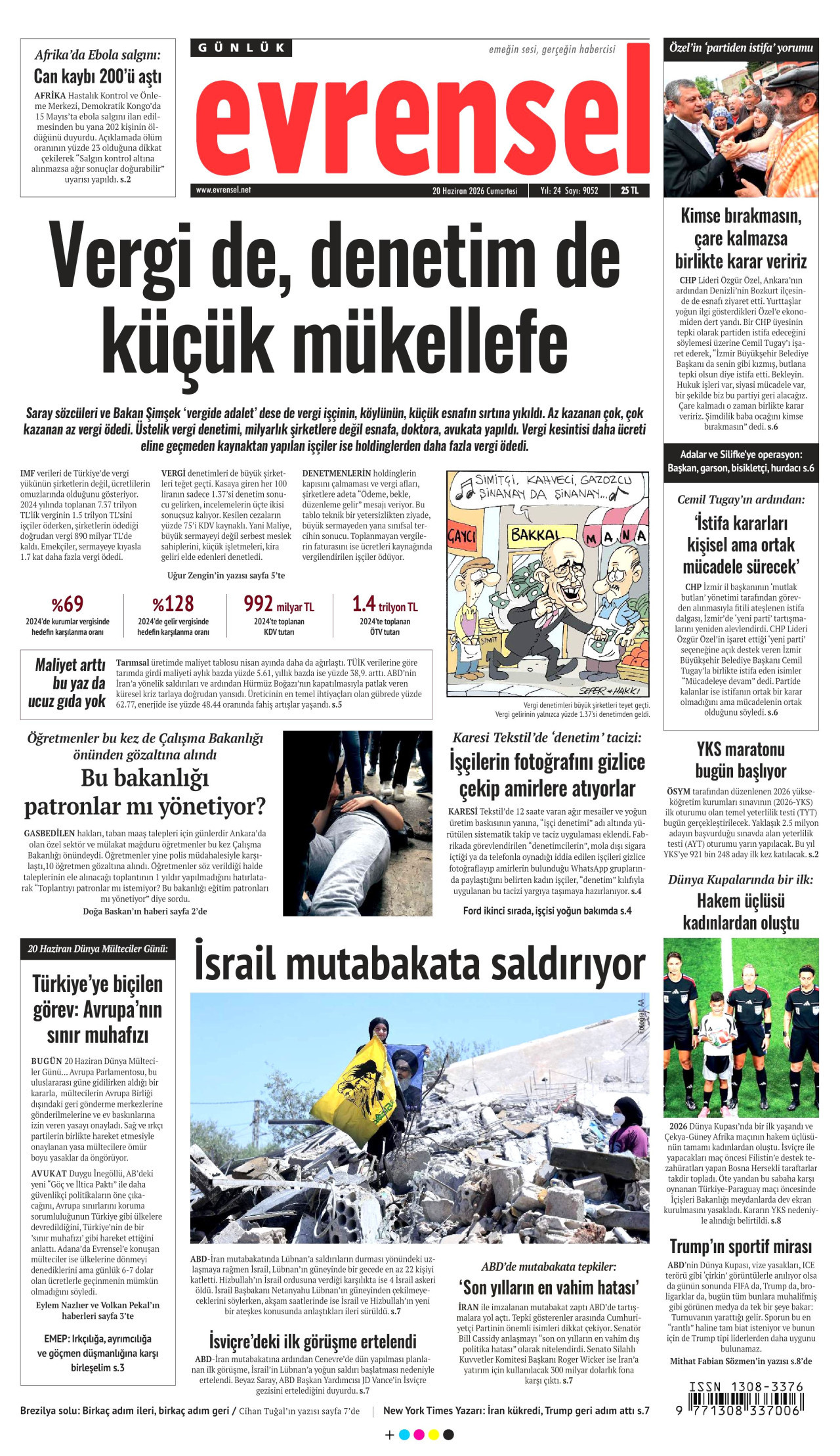 EVRENSEL gazetesinin 20 Haziran 2026 tarihli birinci sayfası