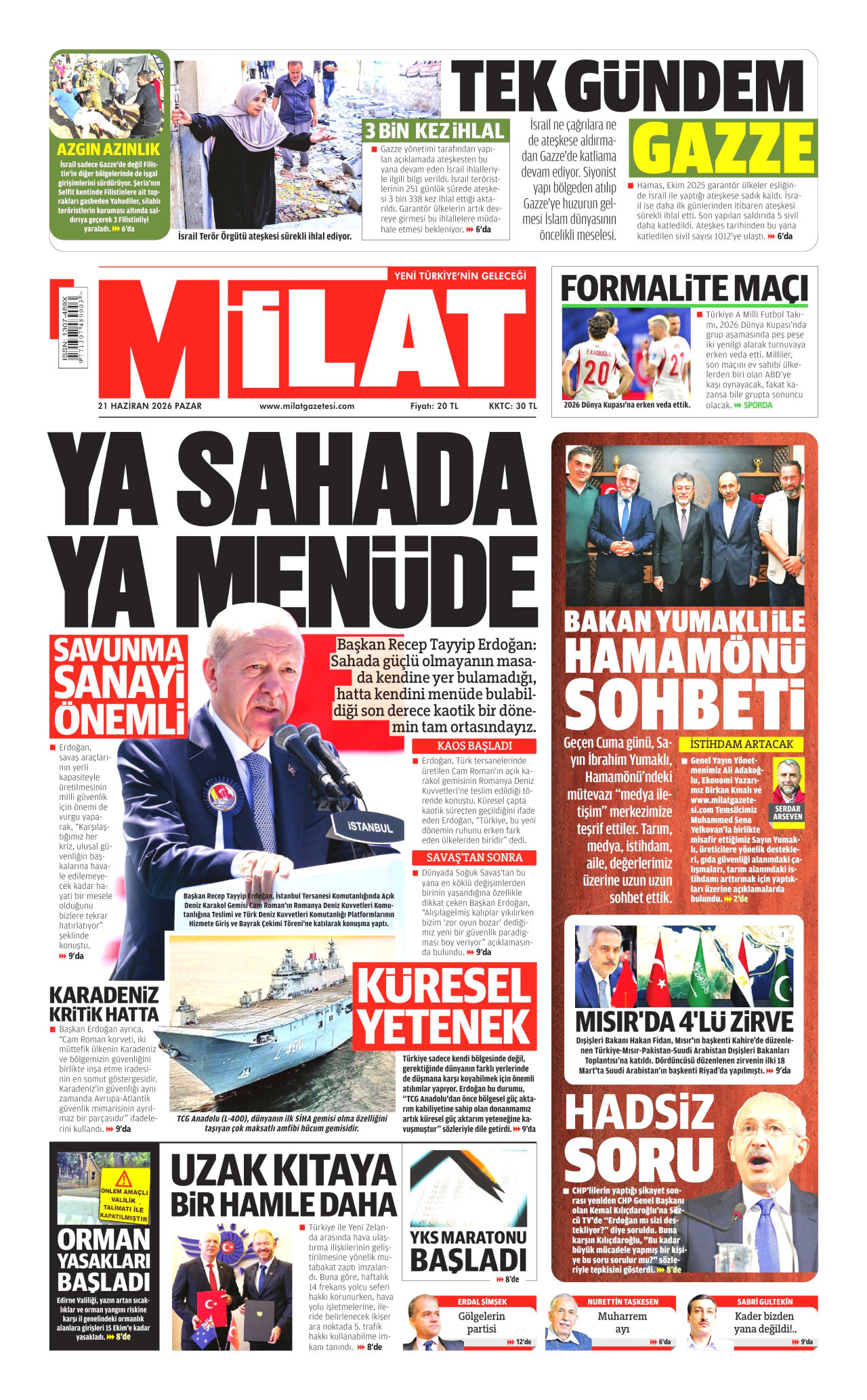 MİLAT gazetesinin 21 Haziran 2026 tarihli birinci sayfası