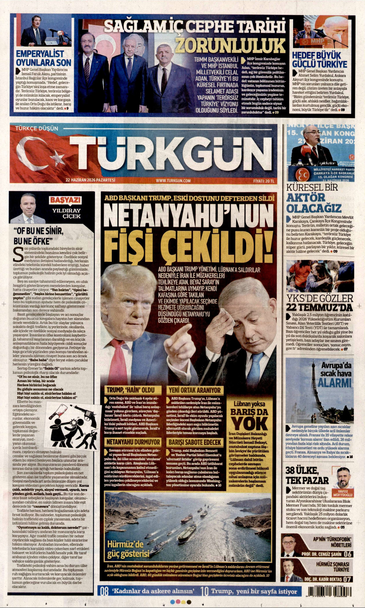 TÜRKGÜN gazetesinin 22 Haziran 2026 tarihli birinci sayfası