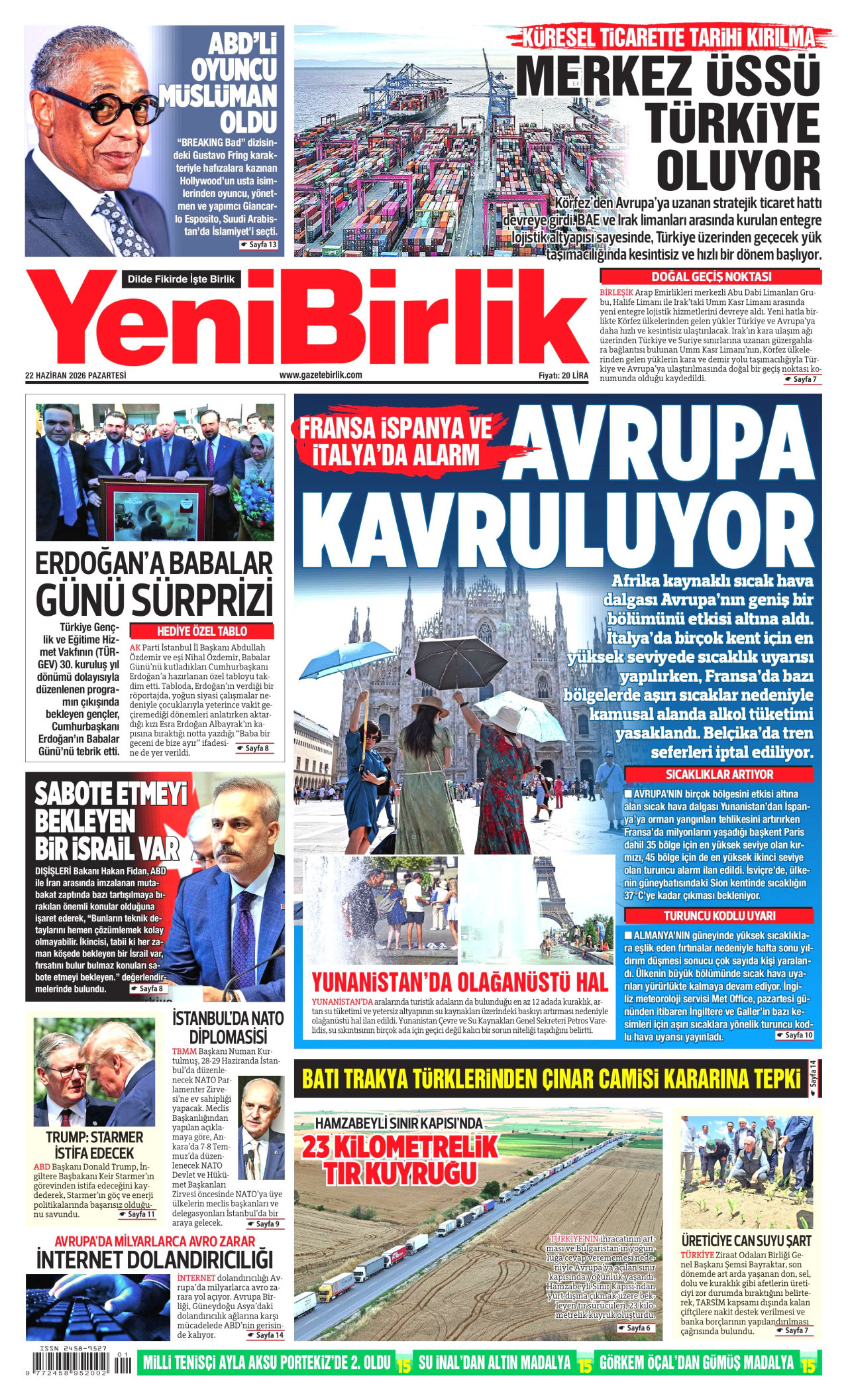 YENİBİRLİK gazetesinin 22 Haziran 2026 tarihli birinci sayfası