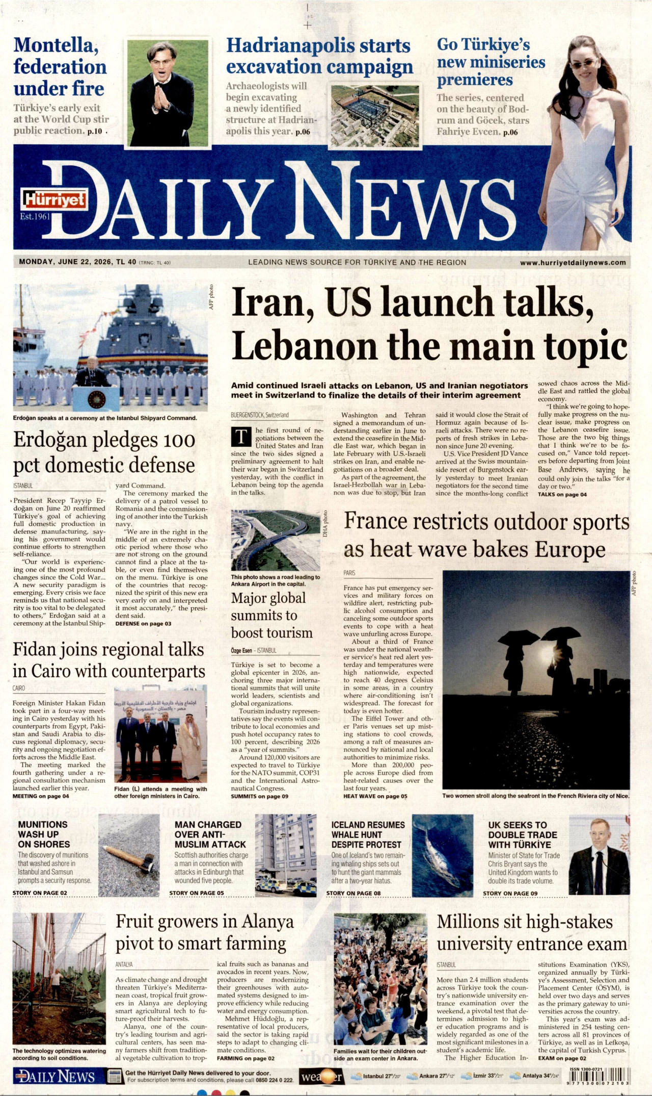 HÜRRİYET DAİLY NEWS gazetesinin 22 Haziran 2026 tarihli birinci sayfası
