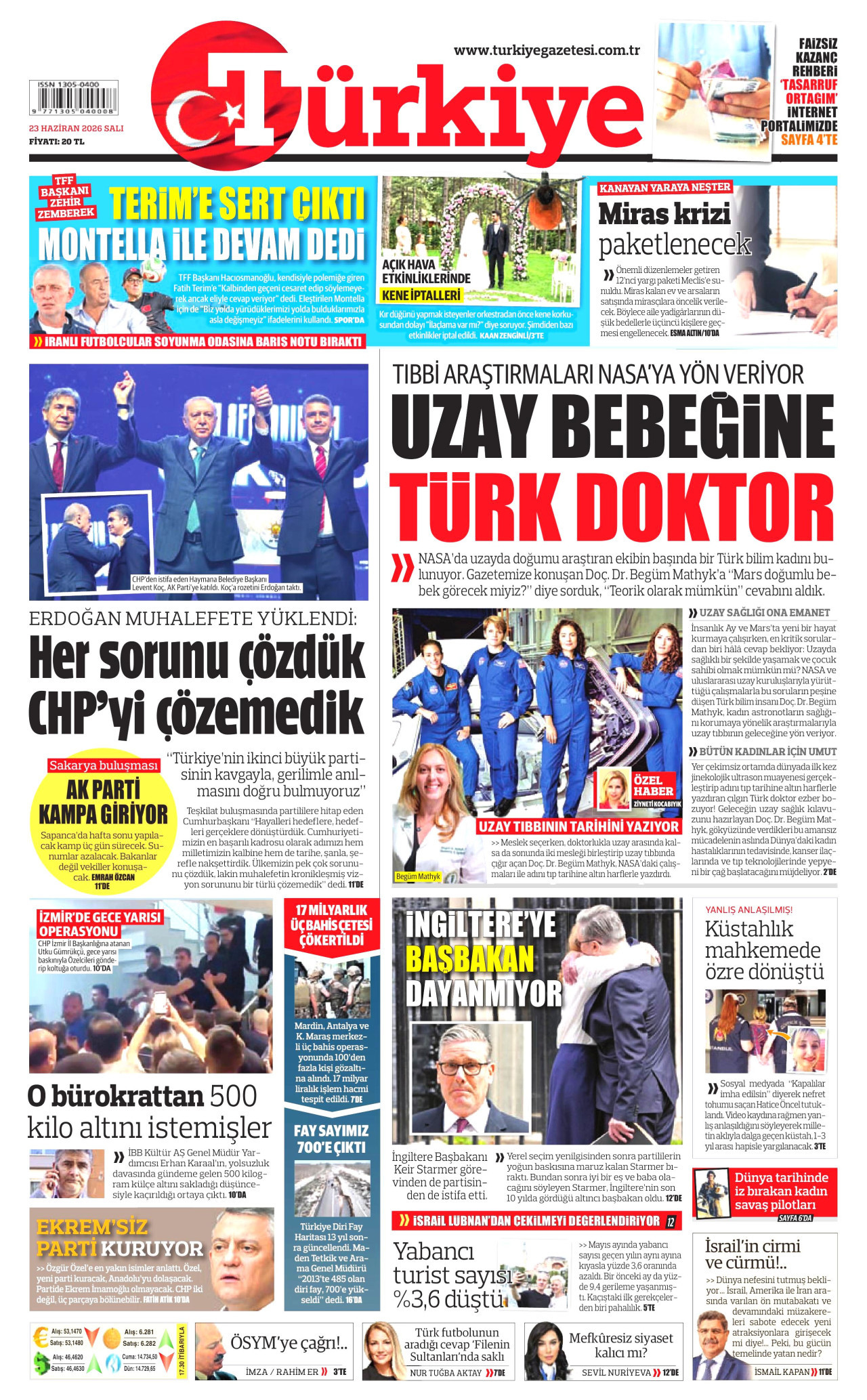 TÜRKİYE GAZETESİ gazetesinin 23 Haziran 2026 tarihli birinci sayfası