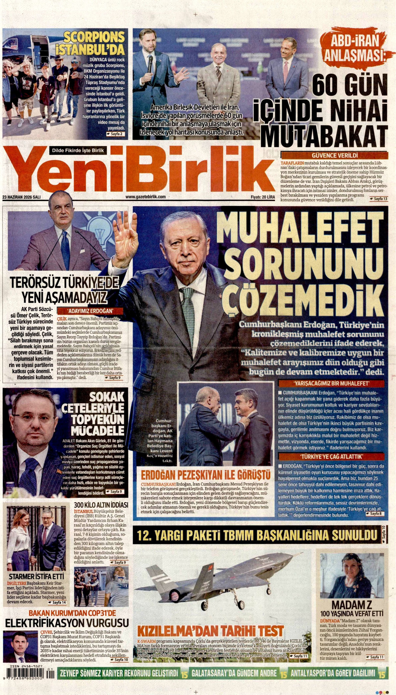 YENİBİRLİK gazetesinin 23 Haziran 2026 tarihli birinci sayfası