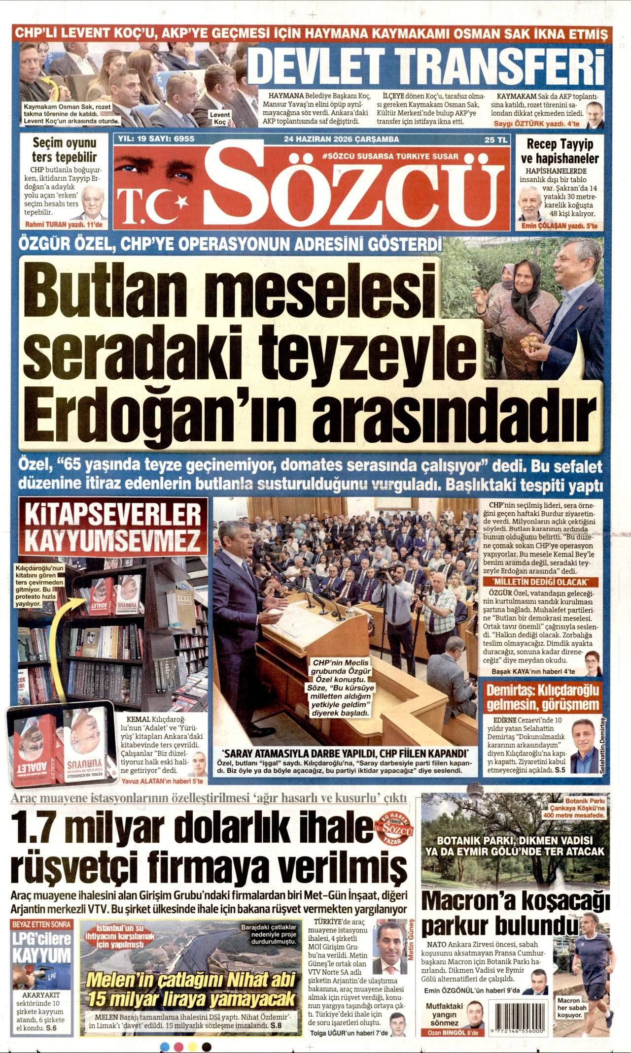 SÖZCÜ gazetesinin 24 Haziran 2026 tarihli birinci sayfası