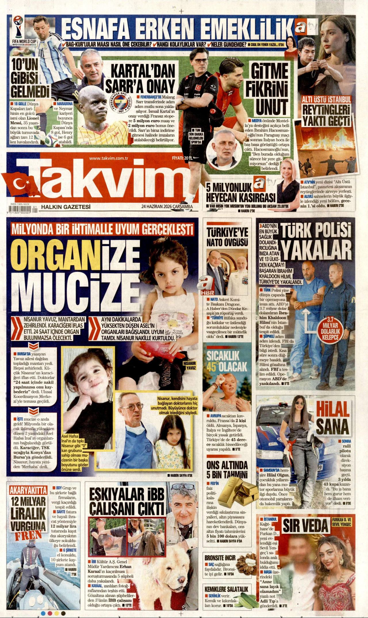 TAKVİM gazetesinin 24 Haziran 2026 tarihli birinci sayfası