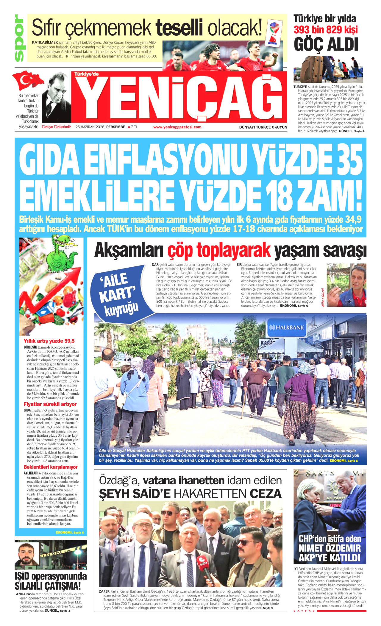 YENİÇAĞ gazetesinin 25 Haziran 2026 tarihli birinci sayfası