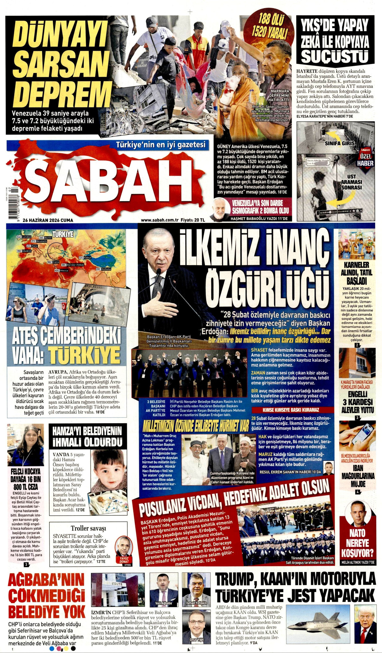 SABAH gazetesinin 26 Haziran 2026 tarihli birinci sayfası