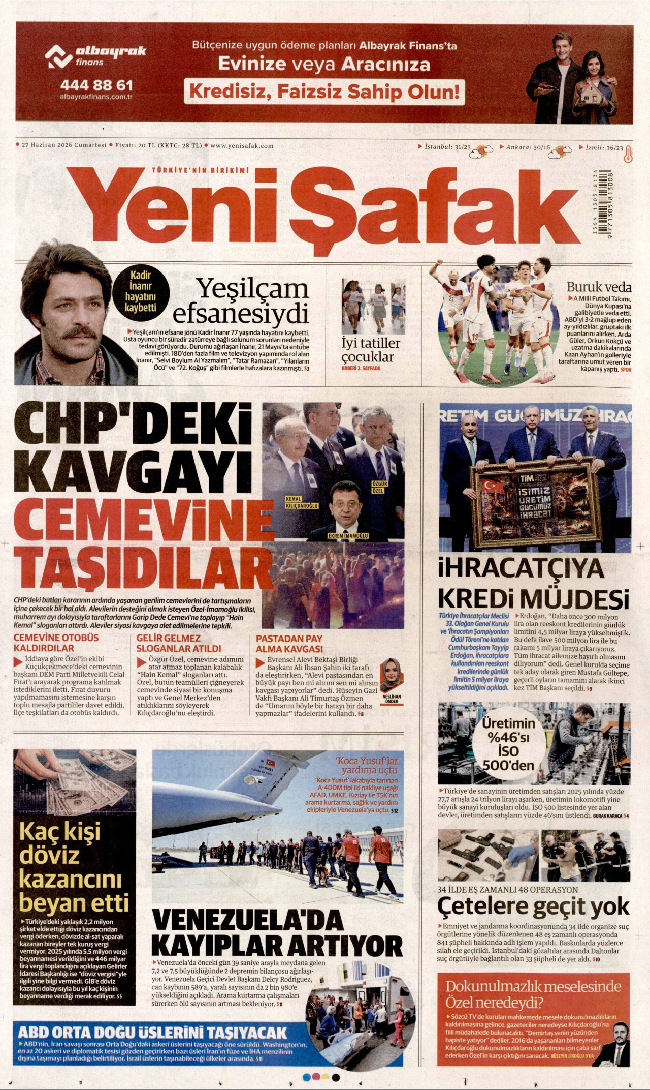 YENİ ŞAFAK gazetesinin 27 Haziran 2026 tarihli birinci sayfası