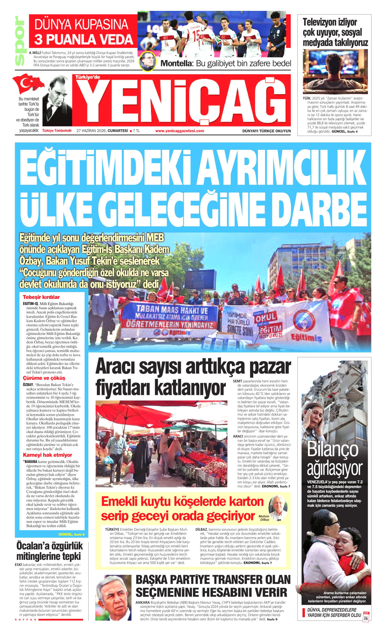 YENİÇAĞ gazetesinin 27 Haziran 2026 tarihli birinci sayfası