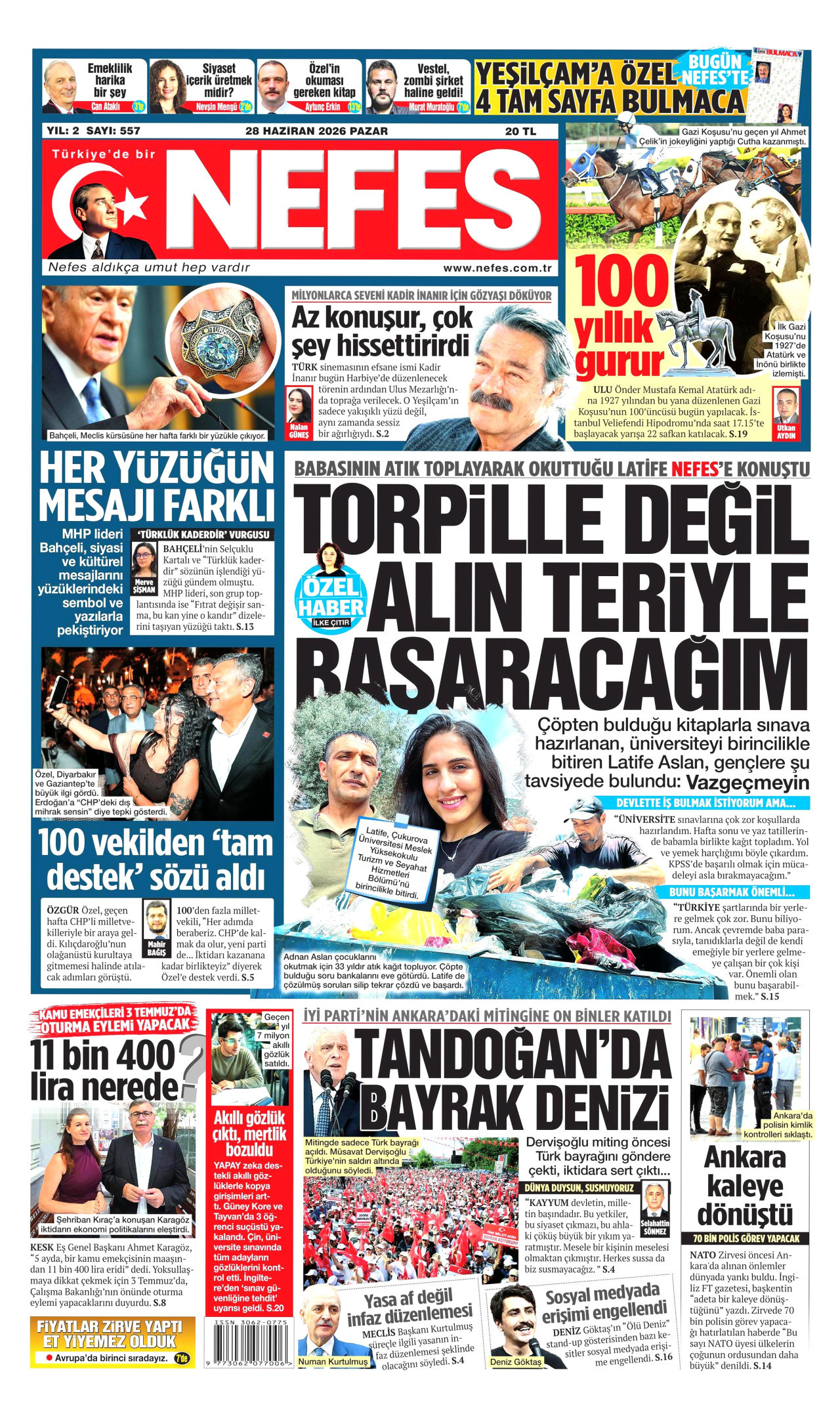 NEFES gazetesinin 28 Haziran 2026 tarihli birinci sayfası