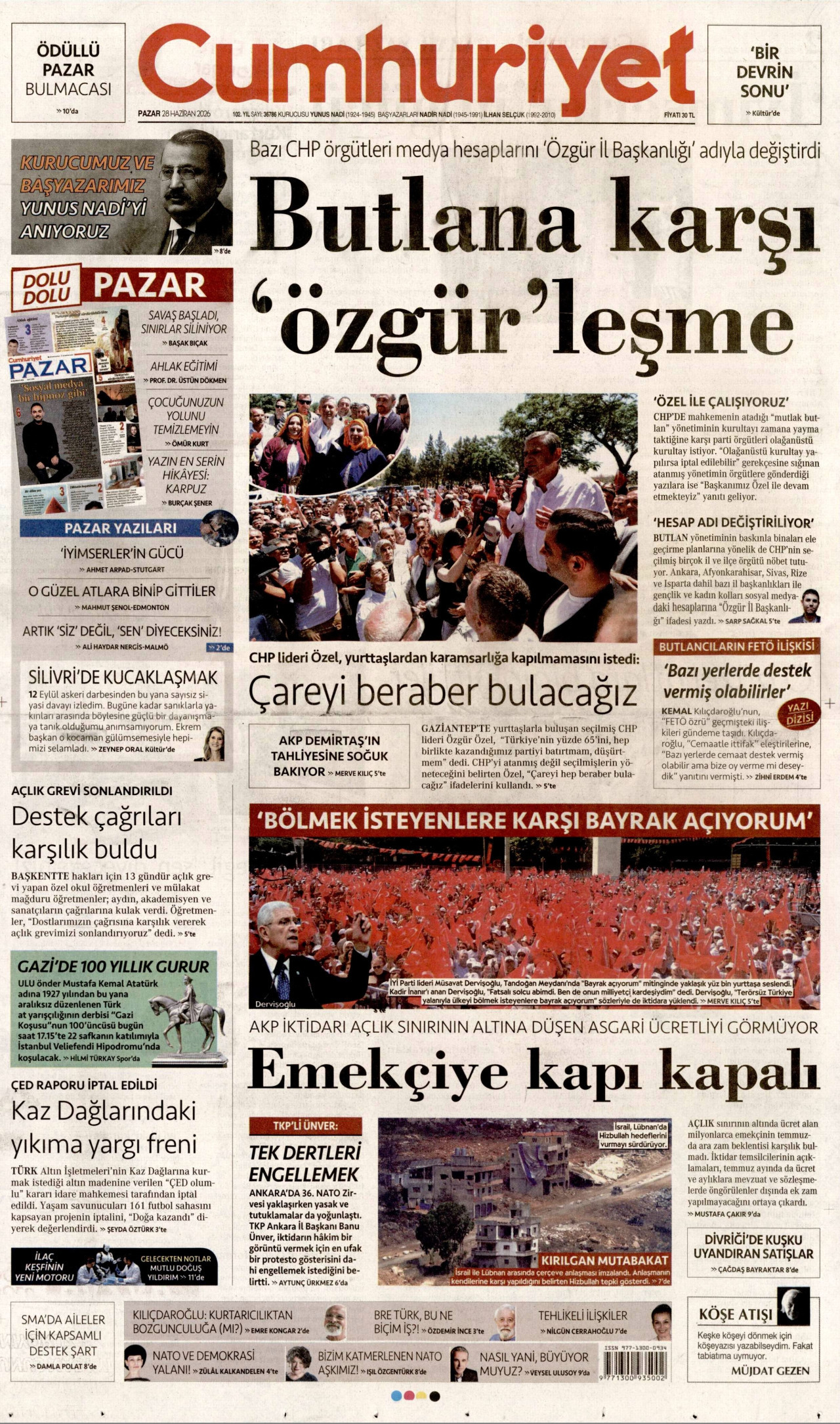 CUMHURİYET gazetesinin 28 Haziran 2026 tarihli birinci sayfası