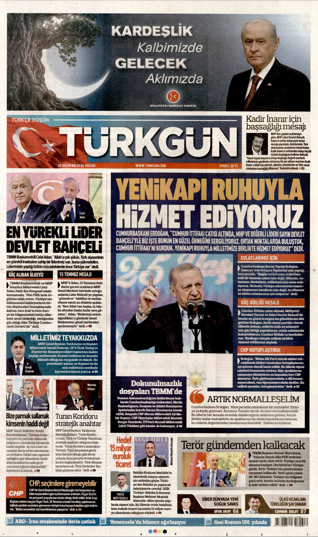 TÜRKGÜN gazetesinin 28 Haziran 2026 tarihli birinci sayfası