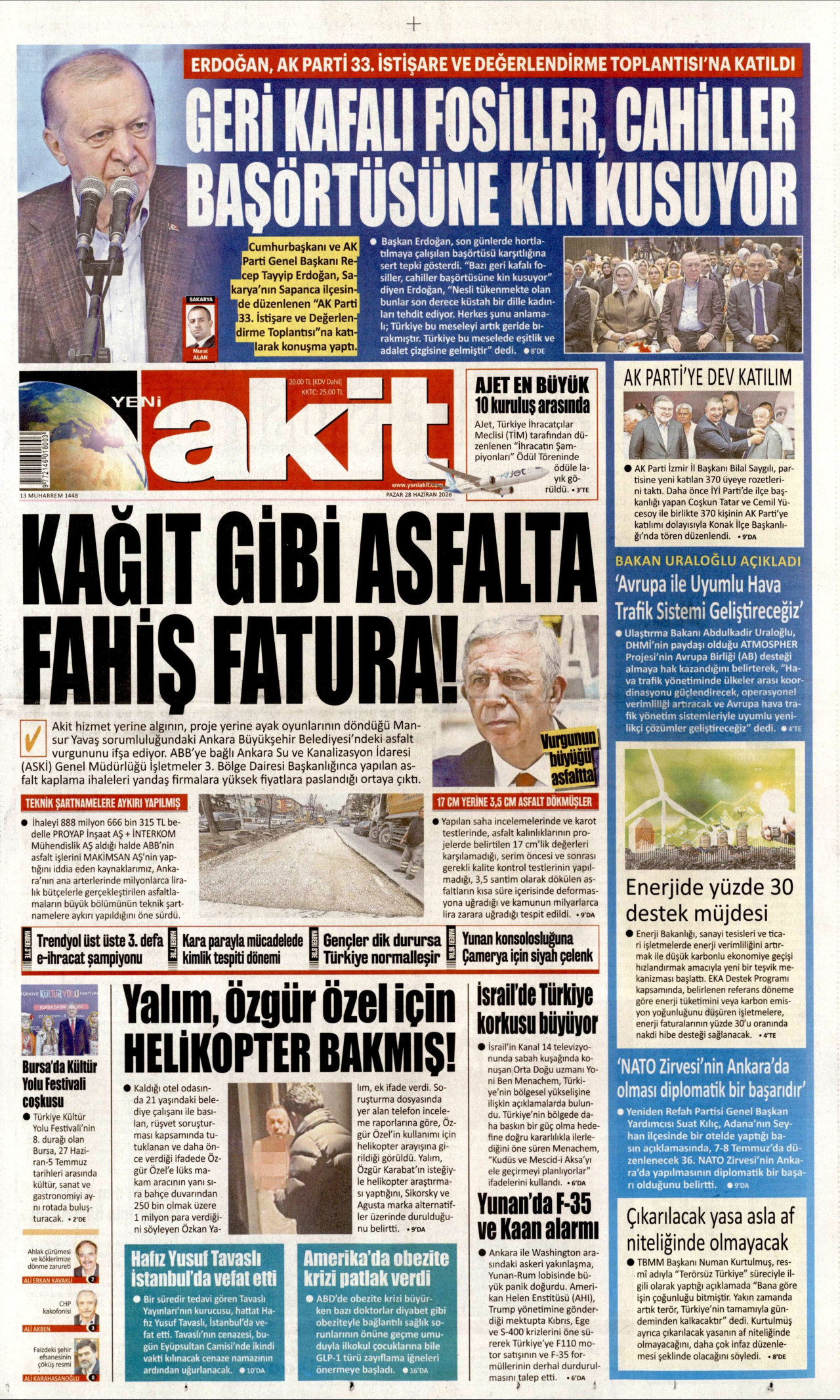 YENİ AKİT gazetesinin 28 Haziran 2026 tarihli birinci sayfası
